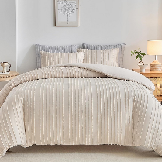King Tufted Duvet Cover Set, Khaki Stripe Textured Boho Bedding Set, 3-Piece Super Soft Washed Microfiber Duvet Cover with Zipper Closure