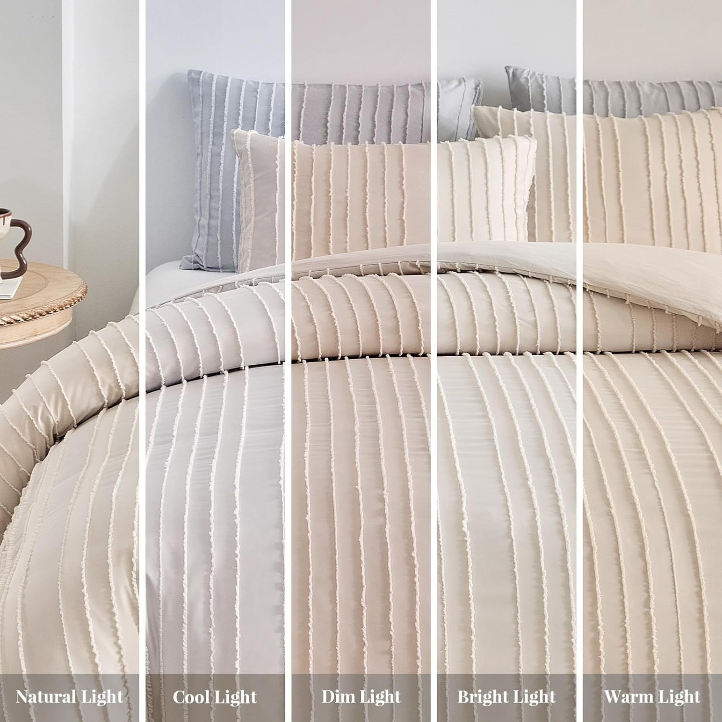 King Tufted Duvet Cover Set, Khaki Stripe Textured Boho Bedding Set, 3-Piece Super Soft Washed Microfiber Duvet Cover with Zipper Closure