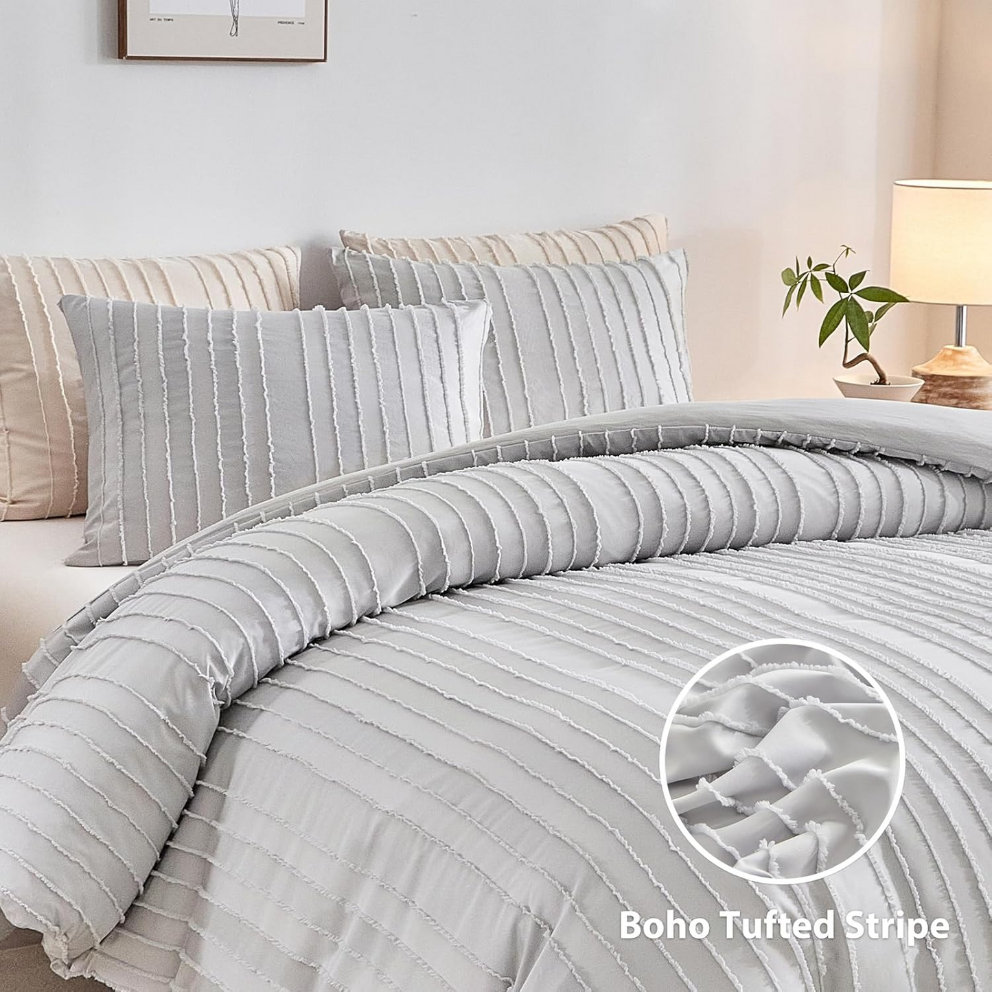 King Boho Duvet Cover Set, Light Grey Striped Microfiber 3pcs Bedding, Zipper Closure, Tufted Bohemian Design, Ultra Soft, Machine Washable