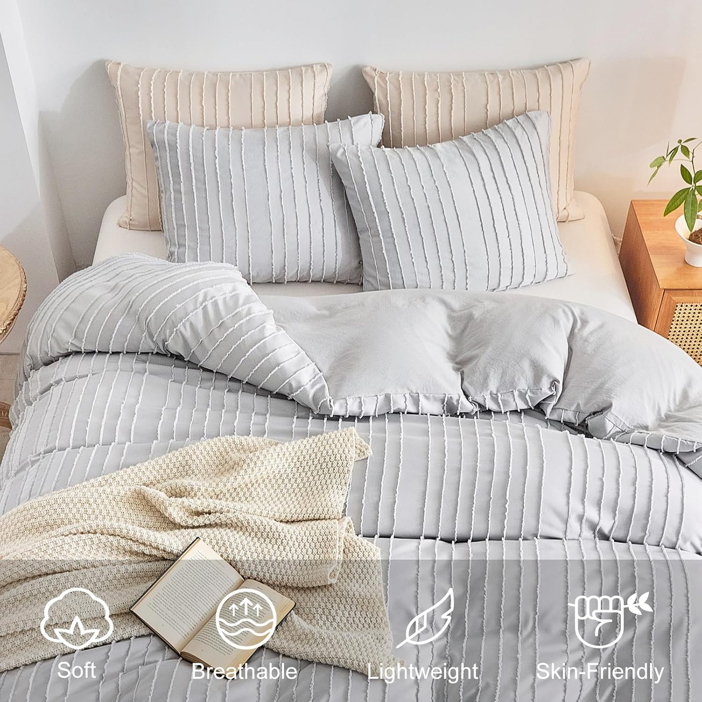 King Boho Duvet Cover Set, Light Grey Striped Microfiber 3pcs Bedding, Zipper Closure, Tufted Bohemian Design, Ultra Soft, Machine Washable
