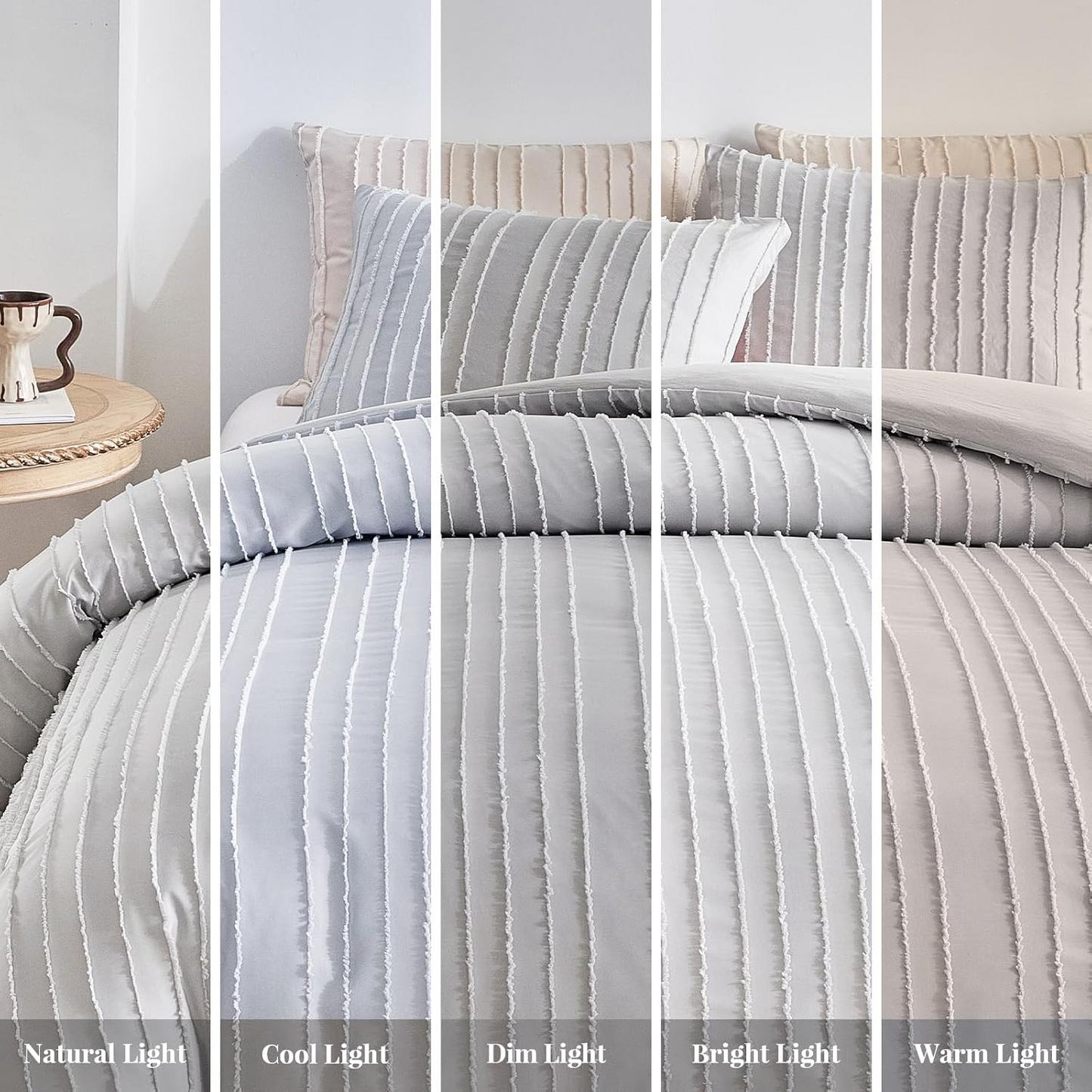 King Boho Duvet Cover Set, Light Grey Striped Microfiber 3pcs Bedding, Zipper Closure, Tufted Bohemian Design, Ultra Soft, Machine Washable