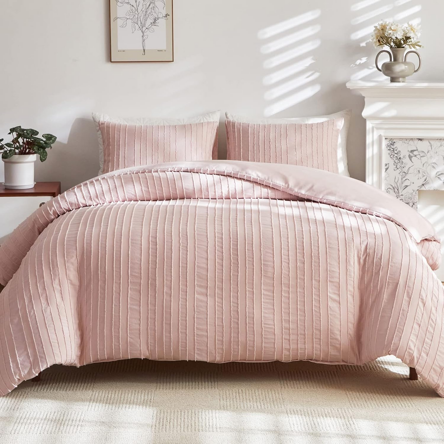 Pink Boho Duvet Cover King Size, Striped Textured Duvet Cover Set Tufted Bedding Set, 3 Pcs Ultra Soft Washed Microfiber Duvet Cover with Zipper Closure