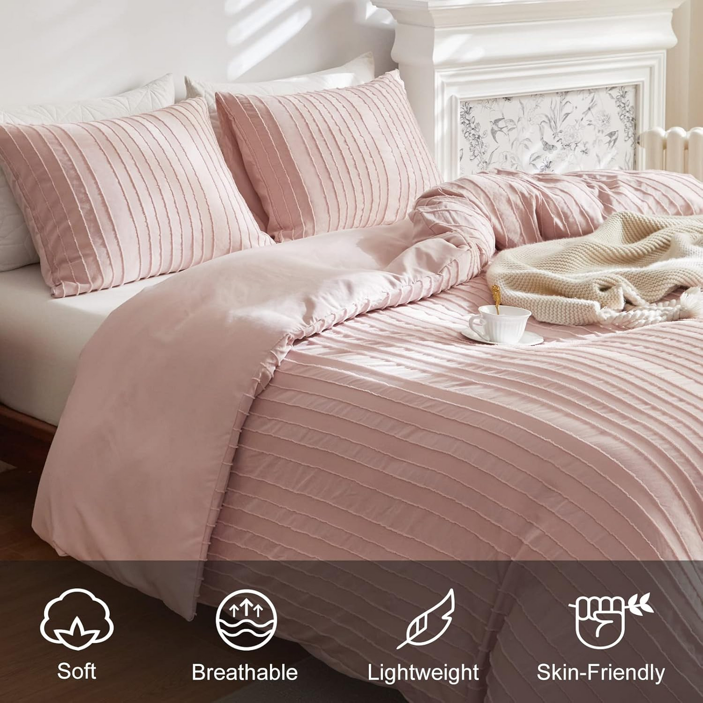Pink Boho Duvet Cover King Size, Striped Textured Duvet Cover Set Tufted Bedding Set, 3 Pcs Ultra Soft Washed Microfiber Duvet Cover with Zipper Closure