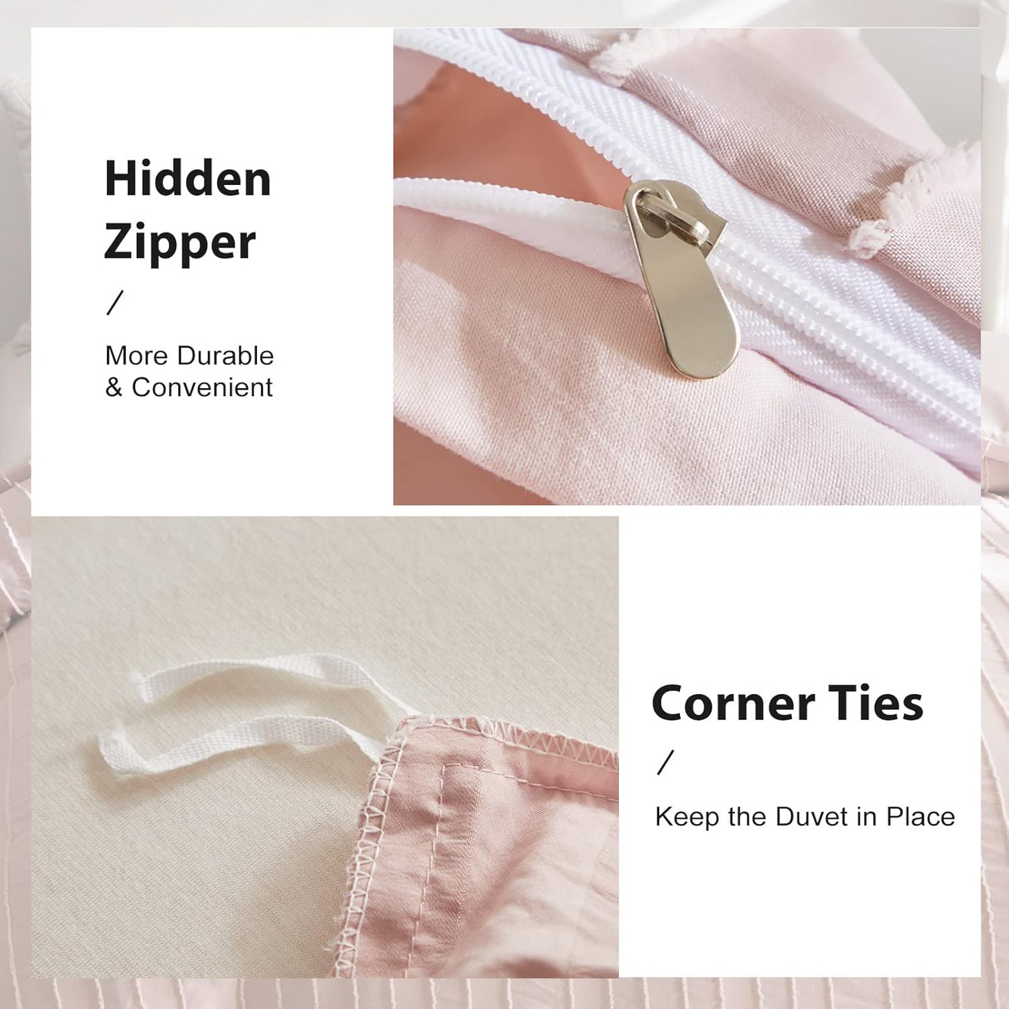 Pink Boho Duvet Cover King Size, Striped Textured Duvet Cover Set Tufted Bedding Set, 3 Pcs Ultra Soft Washed Microfiber Duvet Cover with Zipper Closure