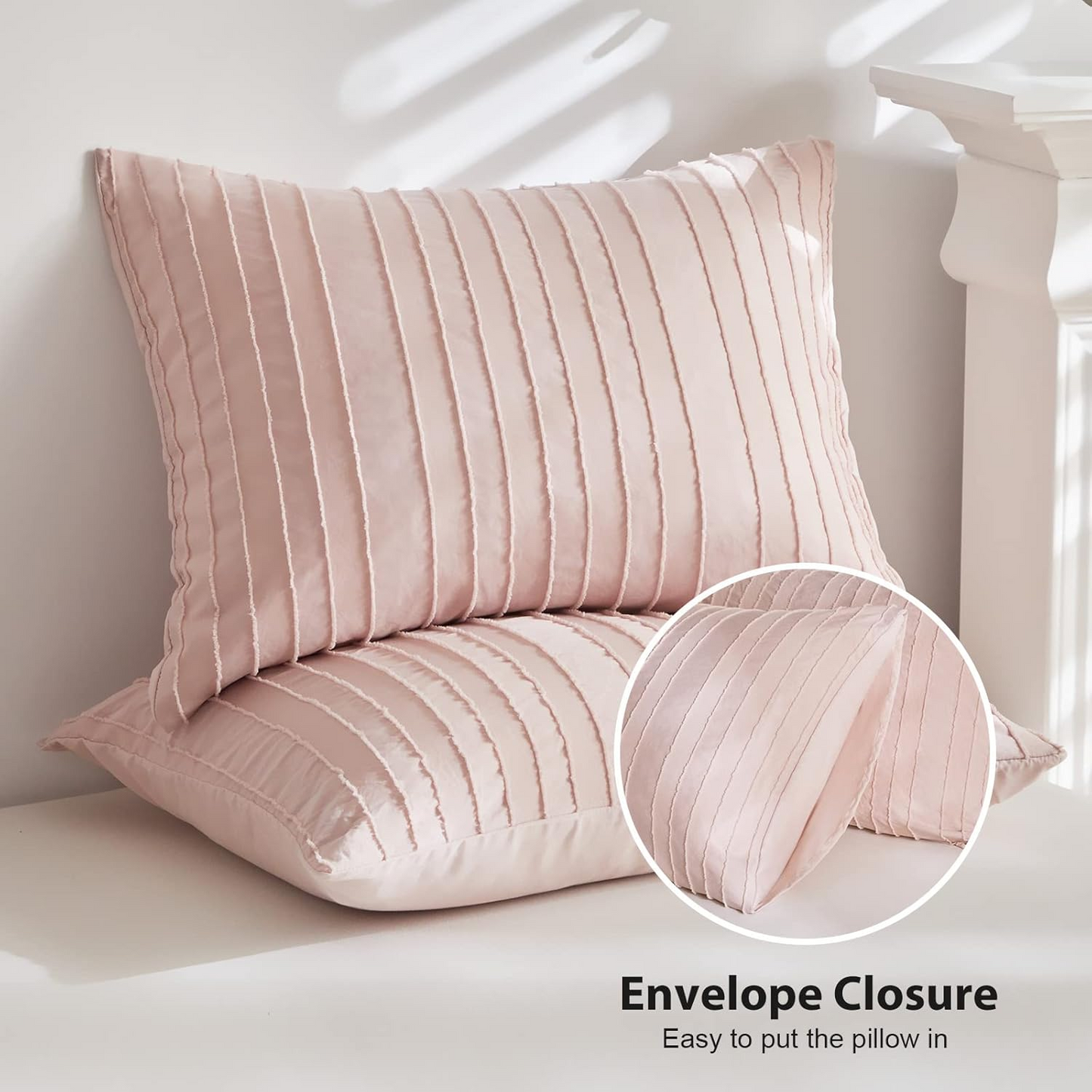 Pink Boho Duvet Cover King Size, Striped Textured Duvet Cover Set Tufted Bedding Set, 3 Pcs Ultra Soft Washed Microfiber Duvet Cover with Zipper Closure