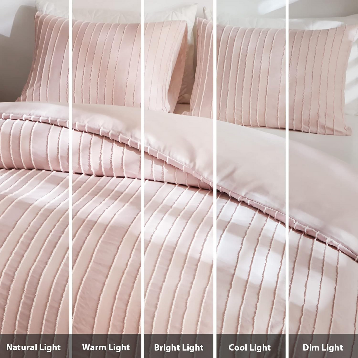Pink Boho Duvet Cover King Size, Striped Textured Duvet Cover Set Tufted Bedding Set, 3 Pcs Ultra Soft Washed Microfiber Duvet Cover with Zipper Closure