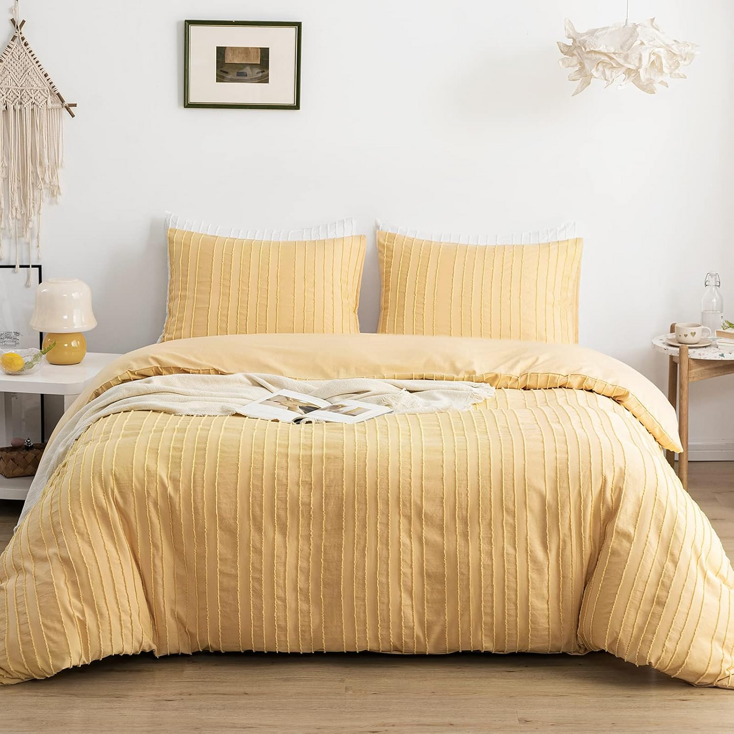 Yellow Boho Duvet Cover Set King Size, Striped Textured Duvet Cover Tufted Bedding Set, 3 Pcs Ultra Soft Washed Microfiber Duvet Cover with Zipper Closure