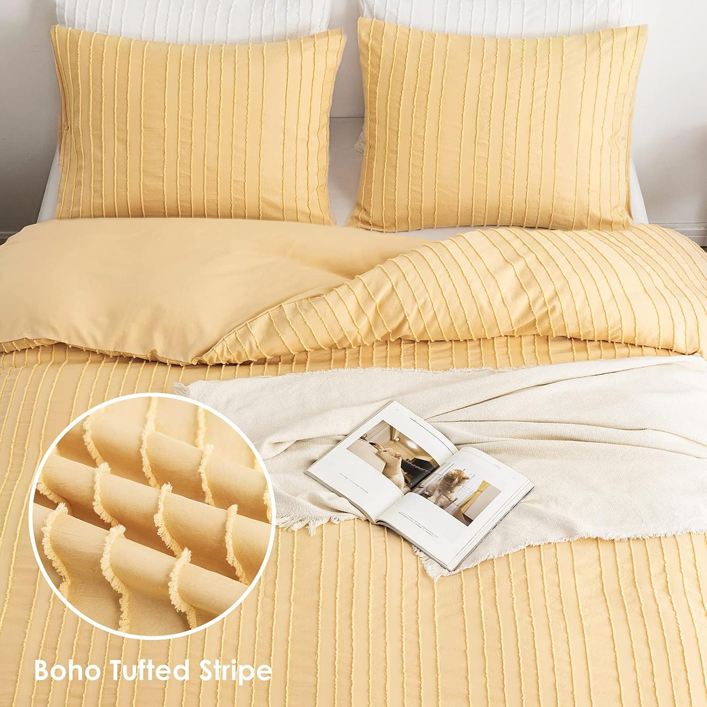 Yellow Boho Duvet Cover Set King Size, Striped Textured Duvet Cover Tufted Bedding Set, 3 Pcs Ultra Soft Washed Microfiber Duvet Cover with Zipper Closure