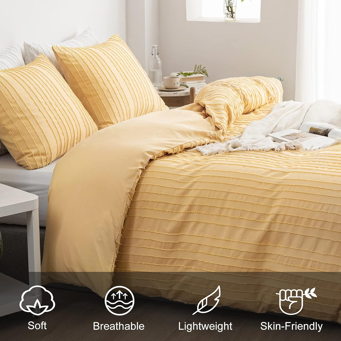 Yellow Boho Duvet Cover Set King Size, Striped Textured Duvet Cover Tufted Bedding Set, 3 Pcs Ultra Soft Washed Microfiber Duvet Cover with Zipper Closure