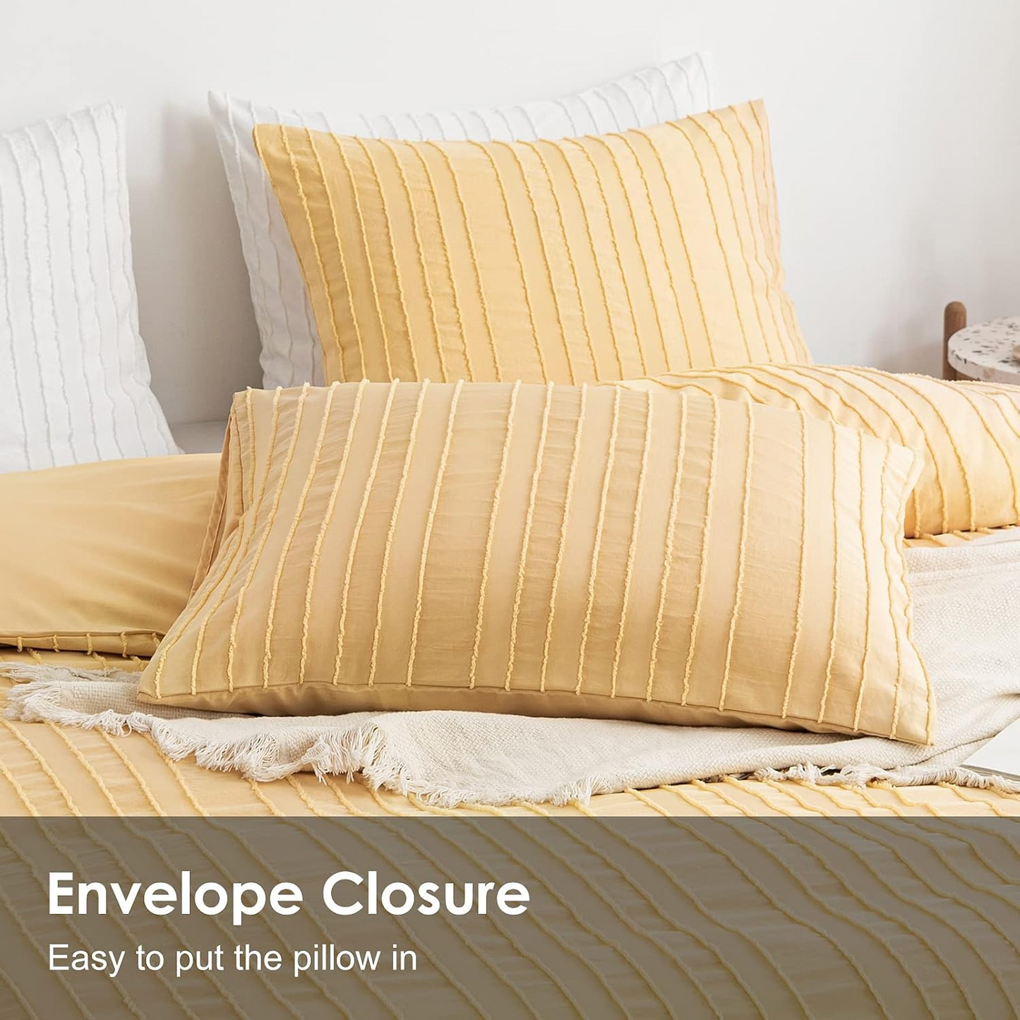 Yellow Boho Duvet Cover Set King Size, Striped Textured Duvet Cover Tufted Bedding Set, 3 Pcs Ultra Soft Washed Microfiber Duvet Cover with Zipper Closure