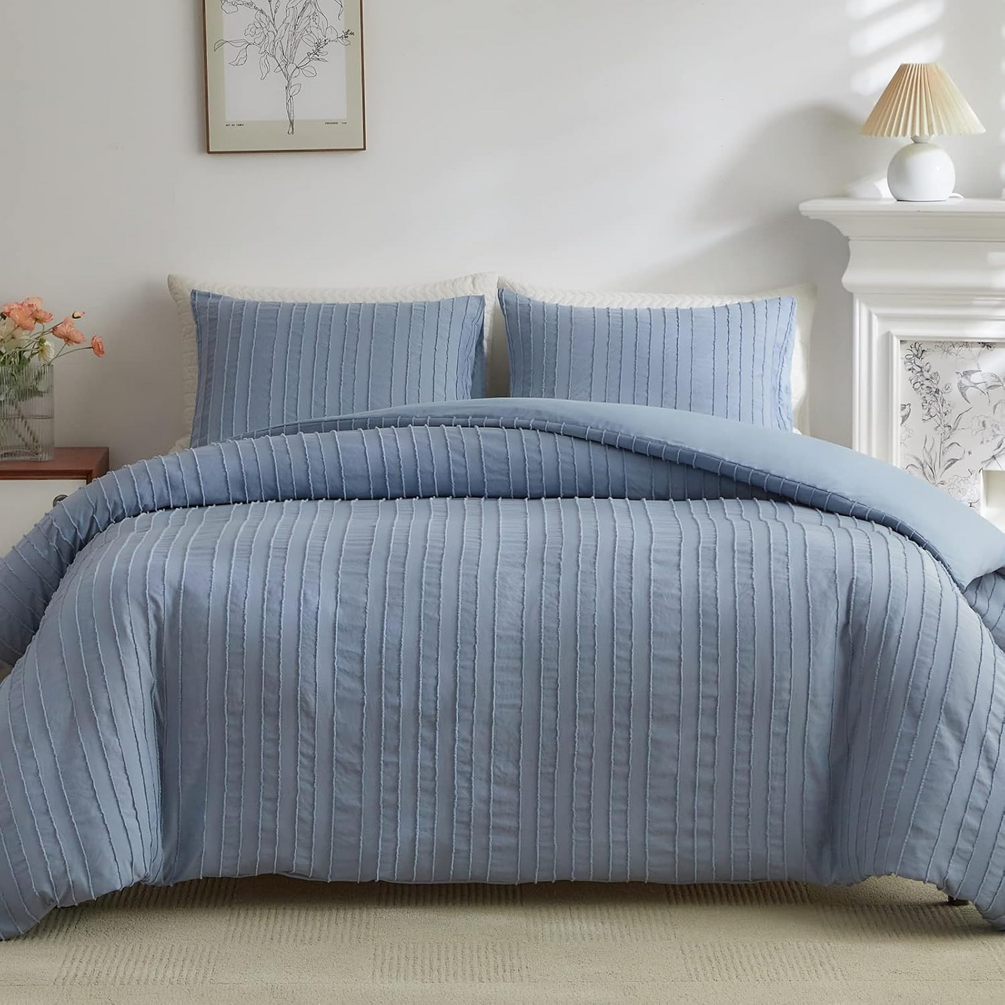 Blue Striped Duvet Cover, BohoTextured Duvet Cover Tufted Bedding Set, 2 Piece Twin Size Washed Microfiber Duvet Cover with Zipper Closure & Corner Ties