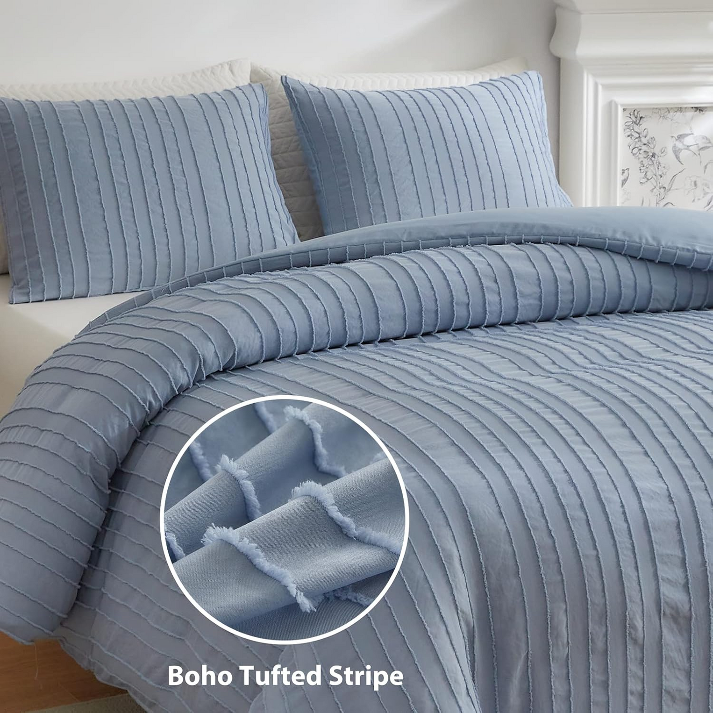 Blue Striped Duvet Cover, BohoTextured Duvet Cover Tufted Bedding Set, 2 Piece Twin Size Washed Microfiber Duvet Cover with Zipper Closure & Corner Ties