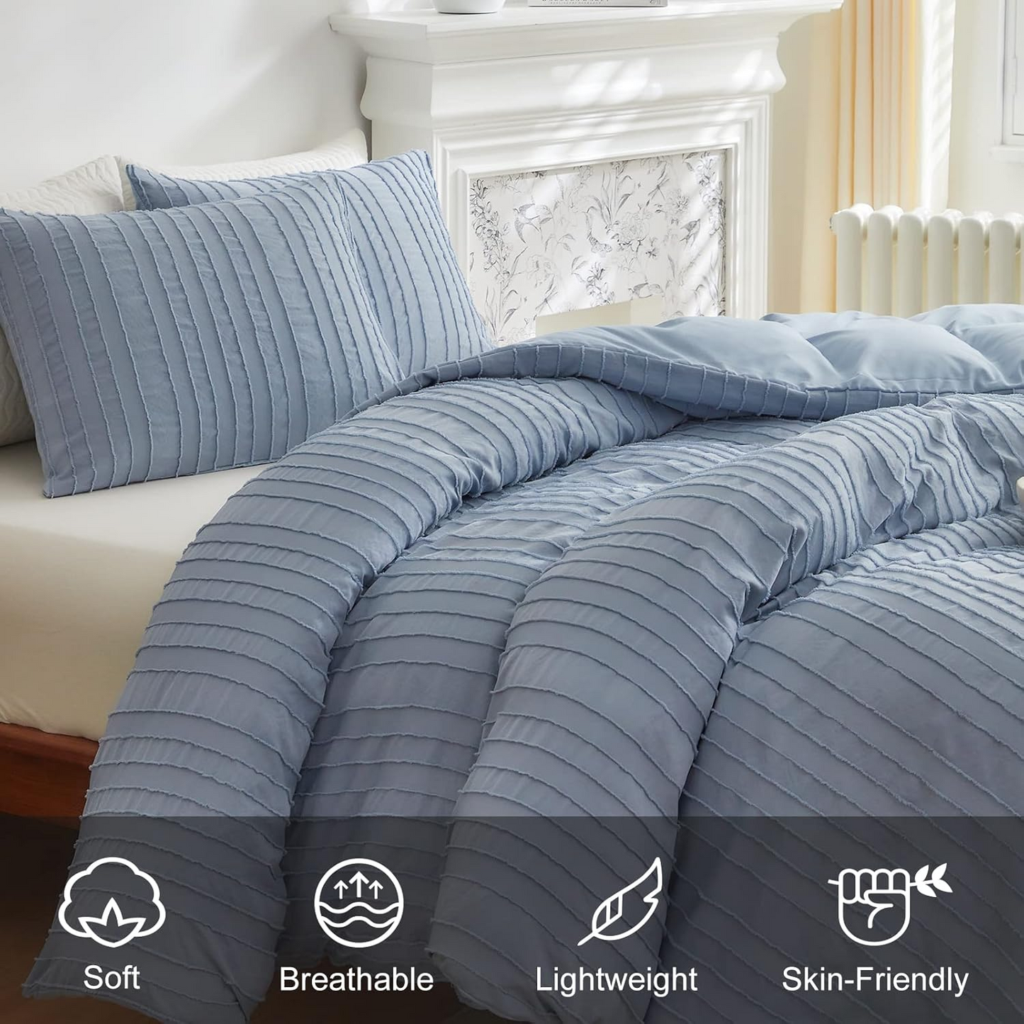Blue Striped Duvet Cover, BohoTextured Duvet Cover Tufted Bedding Set, 2 Piece Twin Size Washed Microfiber Duvet Cover with Zipper Closure & Corner Ties