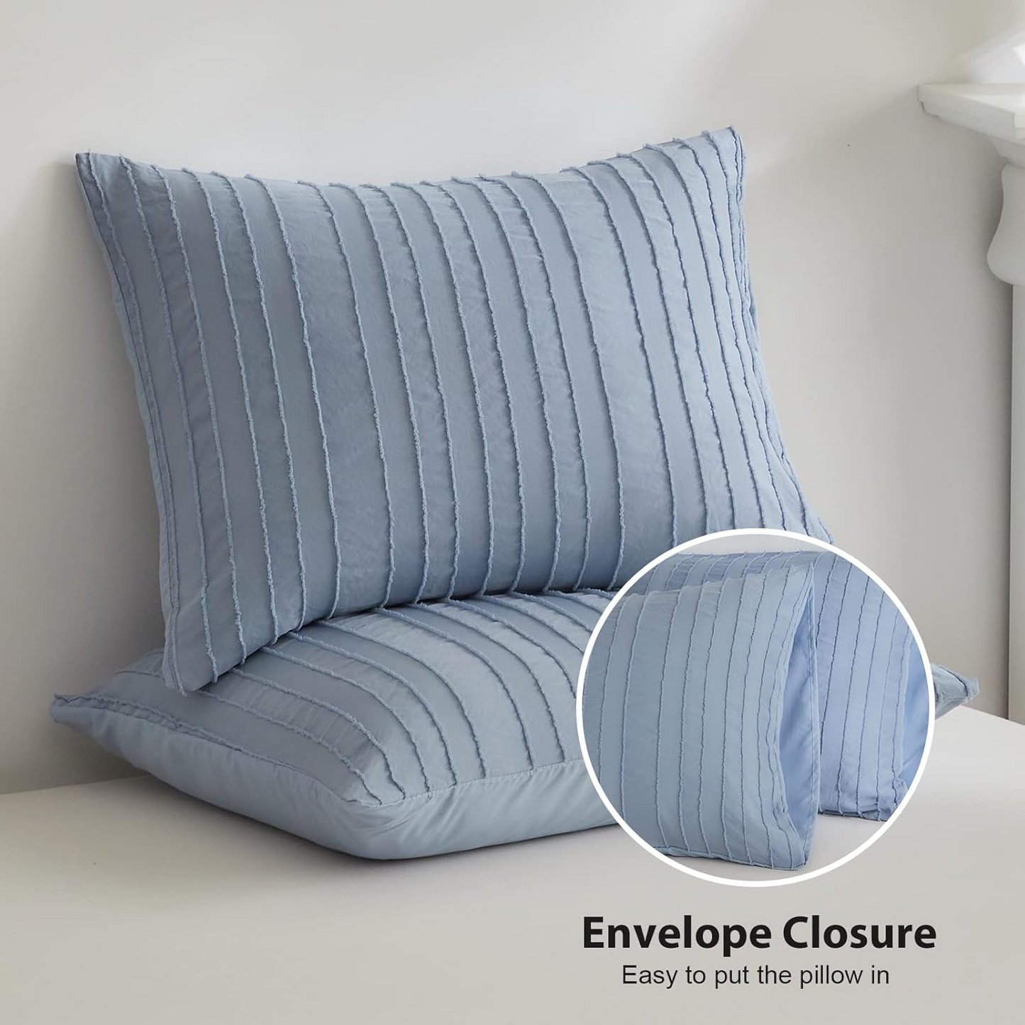 Blue Striped Duvet Cover, BohoTextured Duvet Cover Tufted Bedding Set, 2 Piece Twin Size Washed Microfiber Duvet Cover with Zipper Closure & Corner Ties