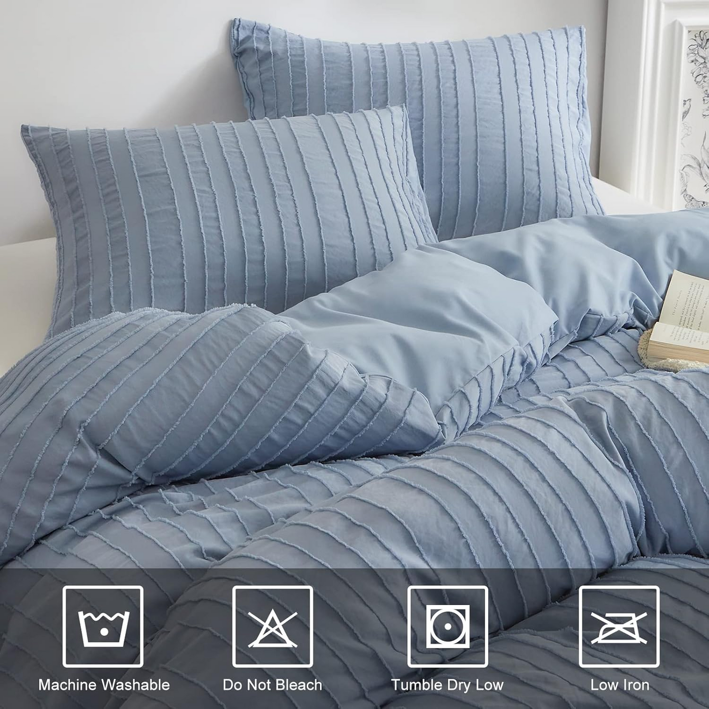 Blue Striped Duvet Cover, BohoTextured Duvet Cover Tufted Bedding Set, 2 Piece Twin Size Washed Microfiber Duvet Cover with Zipper Closure & Corner Ties