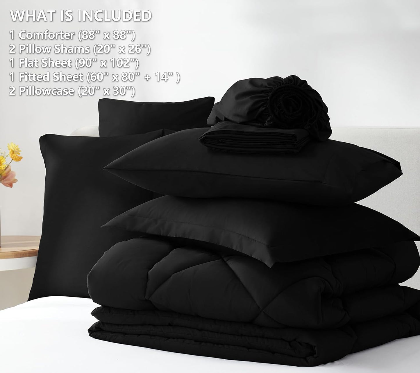 Queen Comforter Set Black - Bed in a Bag Queen Size 3 Pieces, Luxury Soft Bed Set for All Seasons, Bedding Set with Down Alternative Comforter, Sheets, Pillowcases & Shams