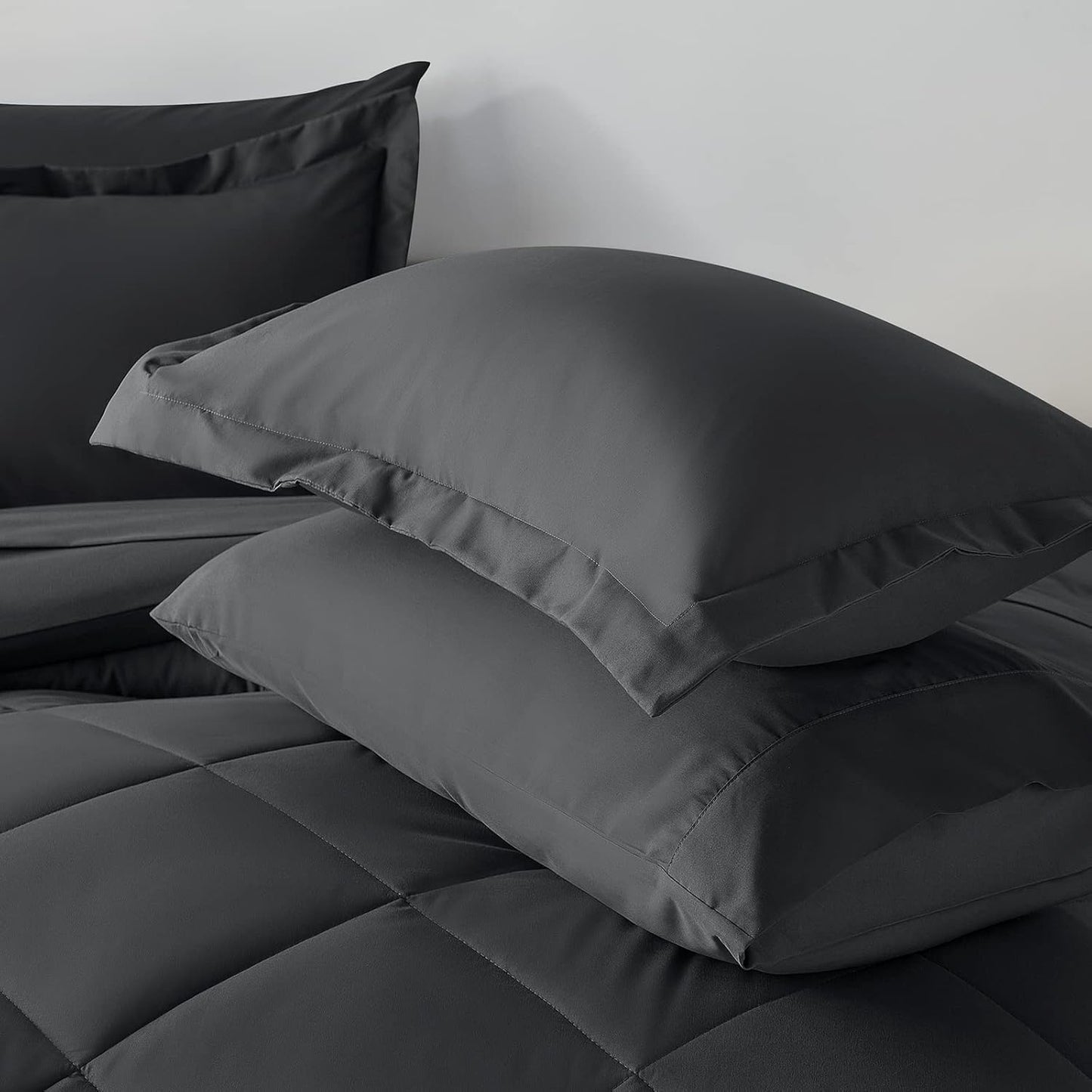 Queen Comforter Set Dark Grey - Bed in a Bag Queen Size 3 Pieces, Luxury Soft Bed Set for All Seasons, Bedding Set with Down Alternative Comforter, Sheets, Pillowcases & Shams