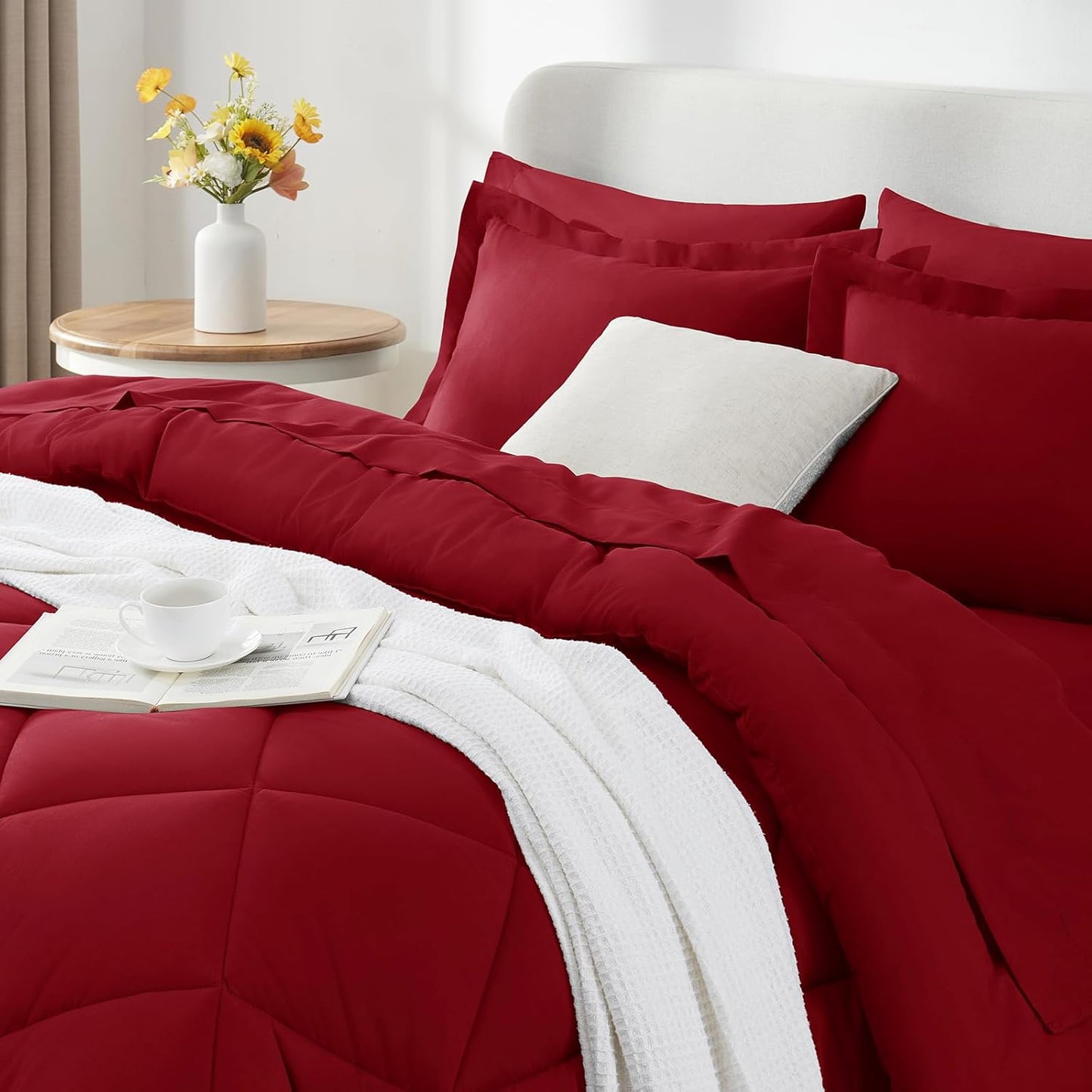 Queen Comforter Set Dark Red - Bed in a Bag Queen Size 3 Pieces, Luxury Soft Bed Set for All Seasons, Bedding Set with Down Alternative Comforter, Sheets, Pillowcases & Shams
