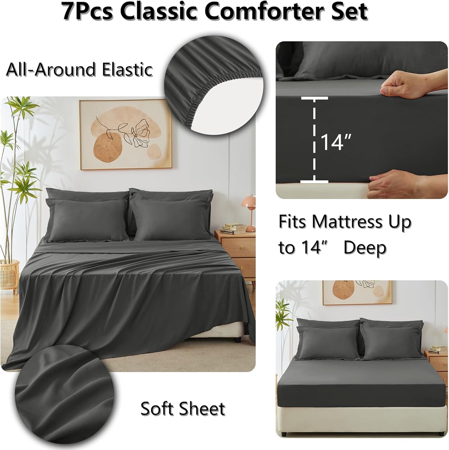 Queen Comforter Set Dark Grey - Bed in a Bag Queen Size 3 Pieces, Luxury Soft Bed Set for All Seasons, Bedding Set with Down Alternative Comforter, Sheets, Pillowcases & Shams