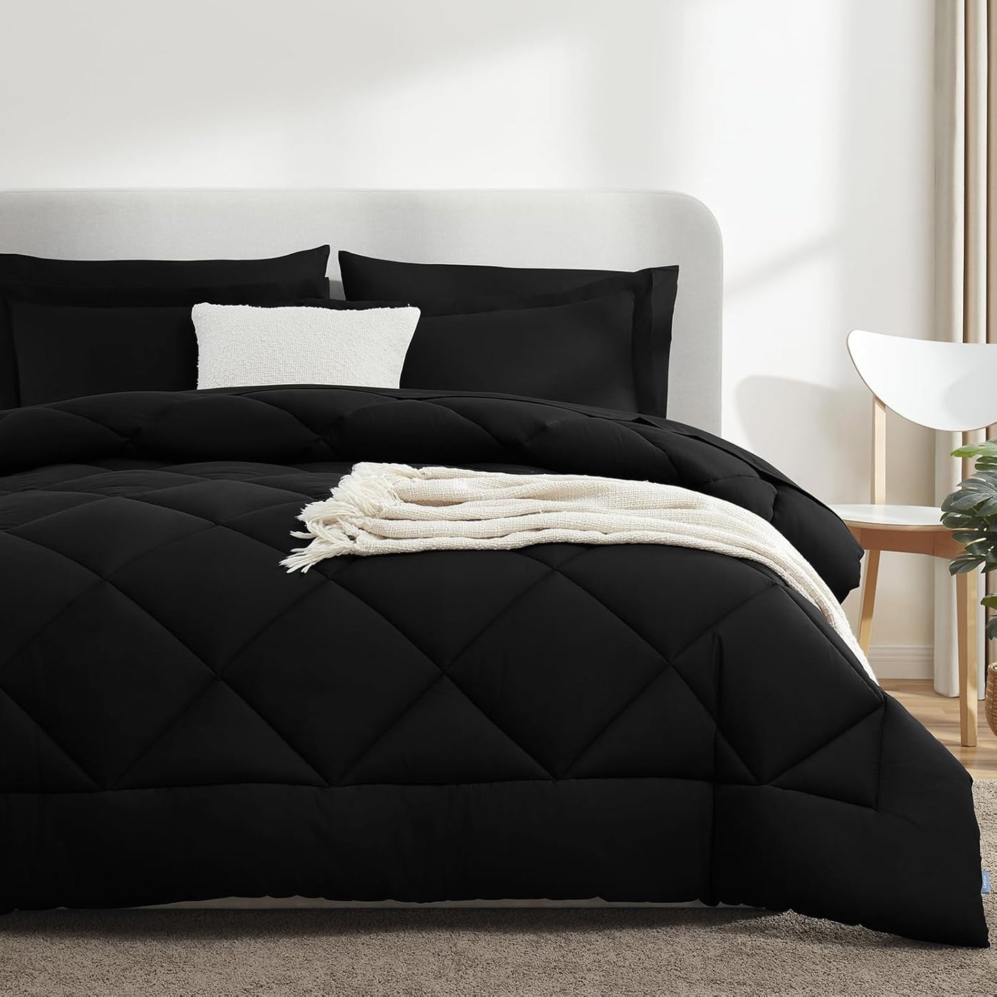 Queen Comforter Set Black - Bed in a Bag Queen Size 3 Pieces, Luxury Soft Bed Set for All Seasons, Bedding Set with Down Alternative Comforter, Sheets, Pillowcases & Shams