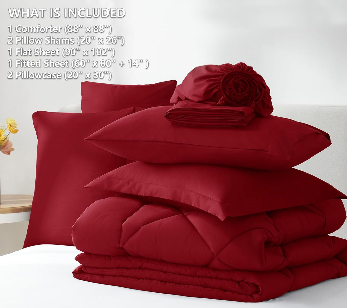Queen Comforter Set Dark Red - Bed in a Bag Queen Size 3 Pieces, Luxury Soft Bed Set for All Seasons, Bedding Set with Down Alternative Comforter, Sheets, Pillowcases & Shams