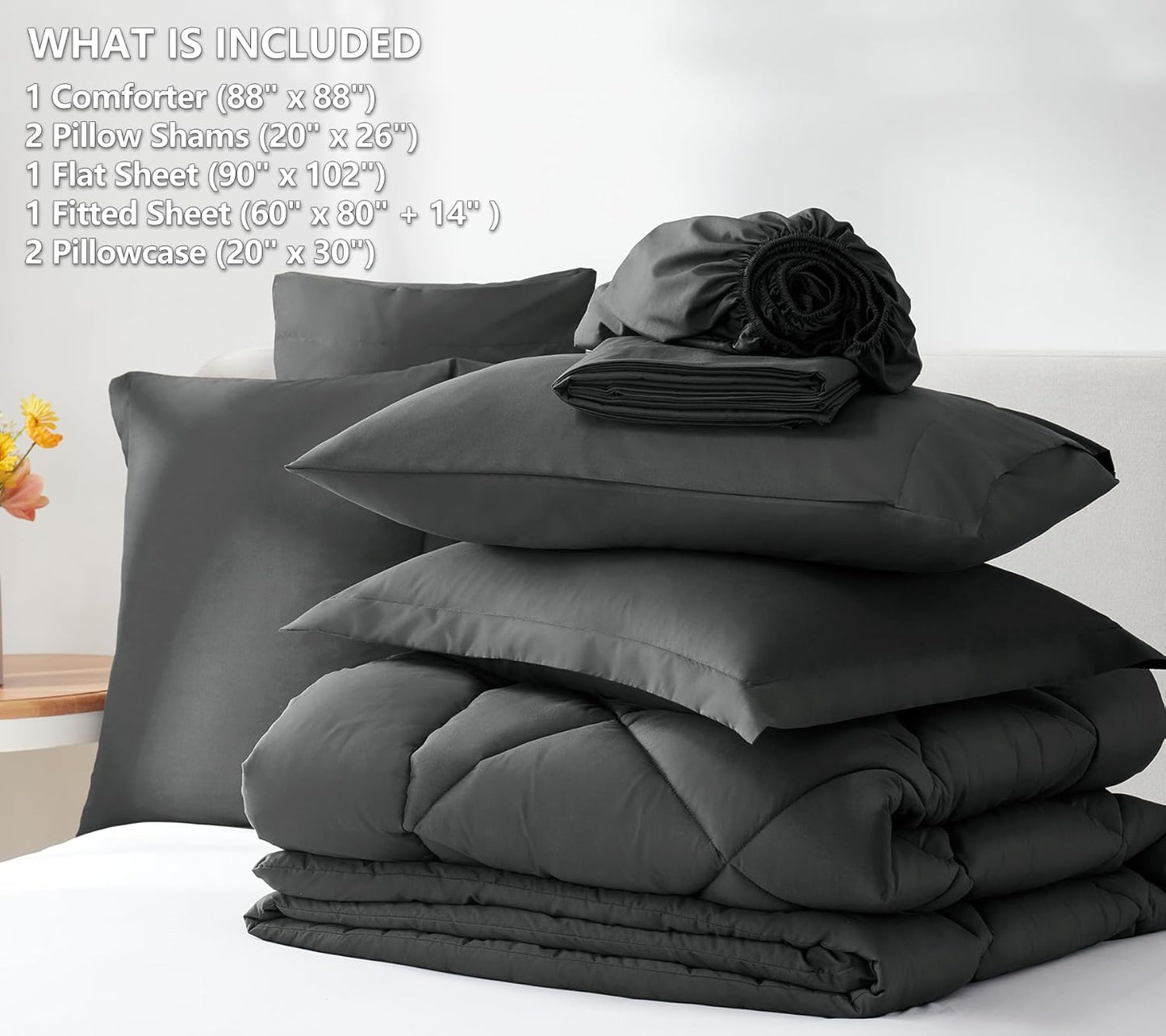 Queen Comforter Set Dark Grey - Bed in a Bag Queen Size 3 Pieces, Luxury Soft Bed Set for All Seasons, Bedding Set with Down Alternative Comforter, Sheets, Pillowcases & Shams