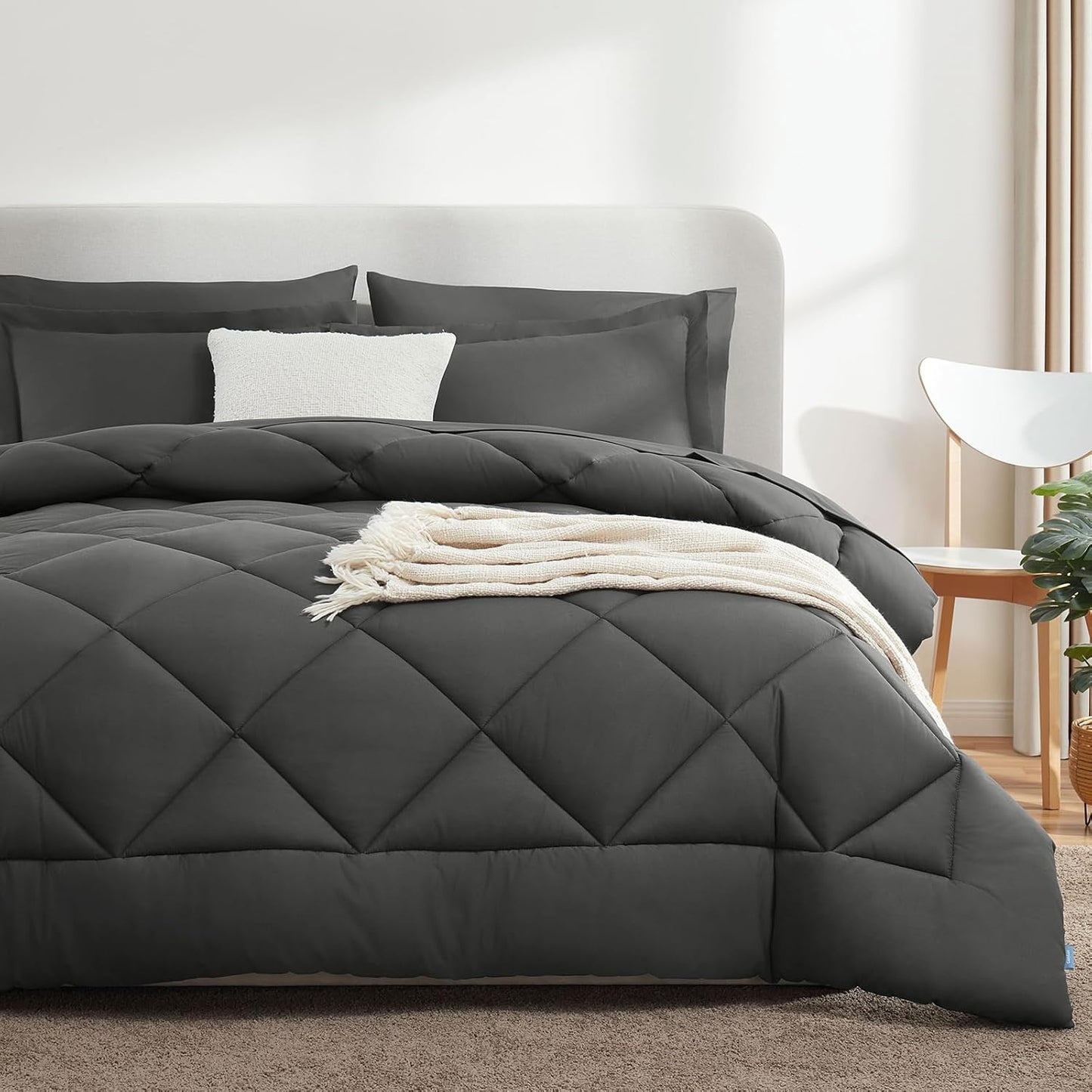 Queen Comforter Set Dark Grey - Bed in a Bag Queen Size 3 Pieces, Luxury Soft Bed Set for All Seasons, Bedding Set with Down Alternative Comforter, Sheets, Pillowcases & Shams