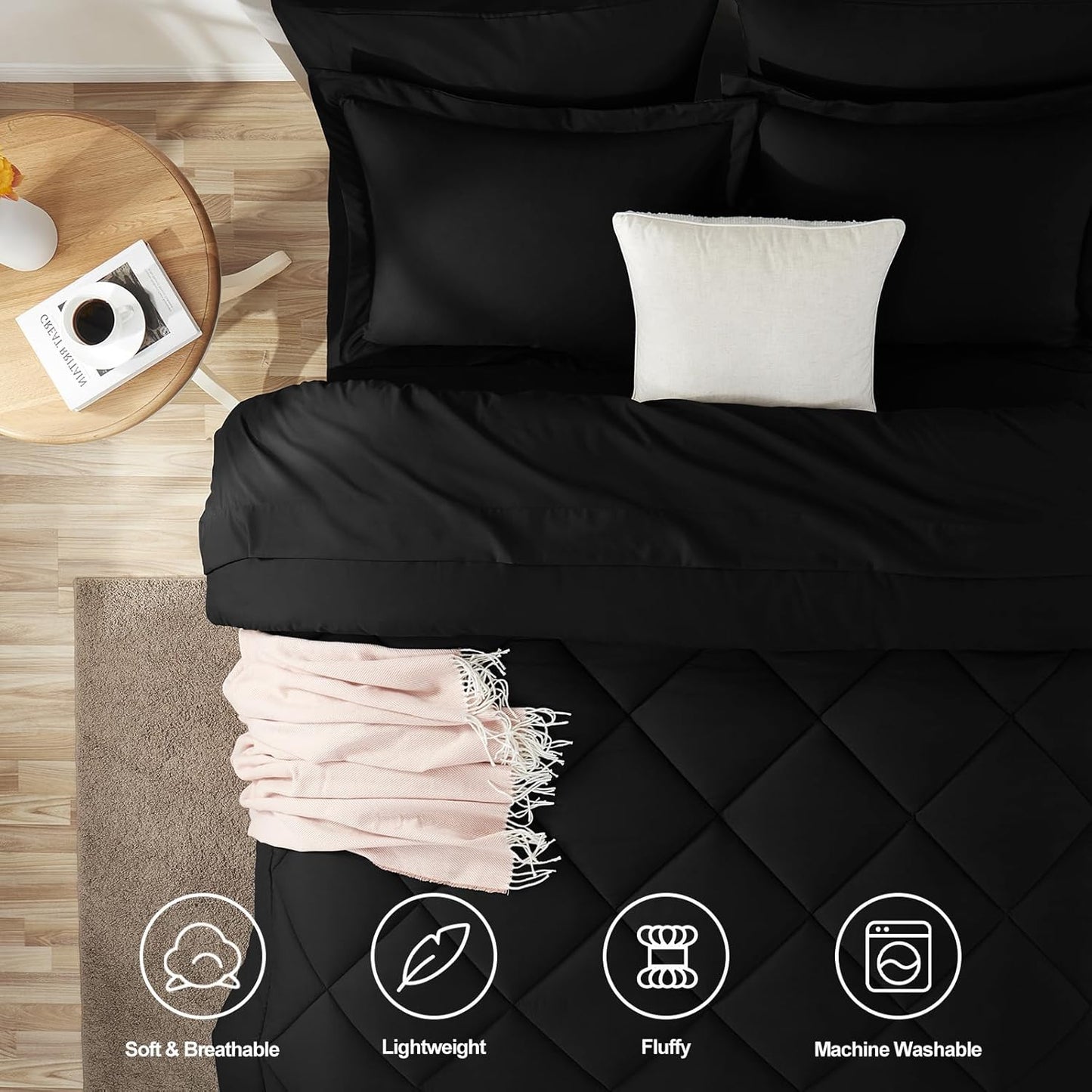 Queen Comforter Set Black - Bed in a Bag Queen Size 3 Pieces, Luxury Soft Bed Set for All Seasons, Bedding Set with Down Alternative Comforter, Sheets, Pillowcases & Shams