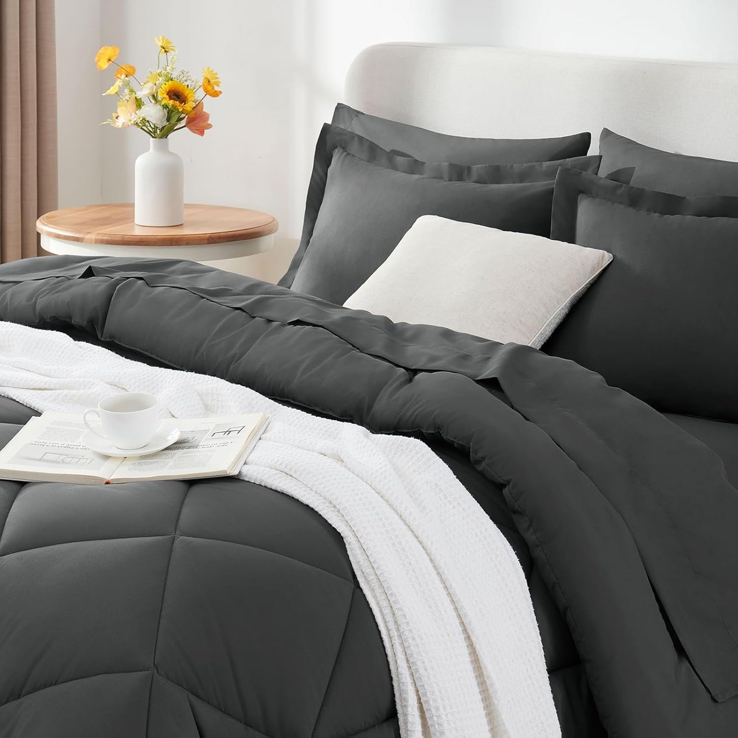 Queen Comforter Set Dark Grey - Bed in a Bag Queen Size 3 Pieces, Luxury Soft Bed Set for All Seasons, Bedding Set with Down Alternative Comforter, Sheets, Pillowcases & Shams