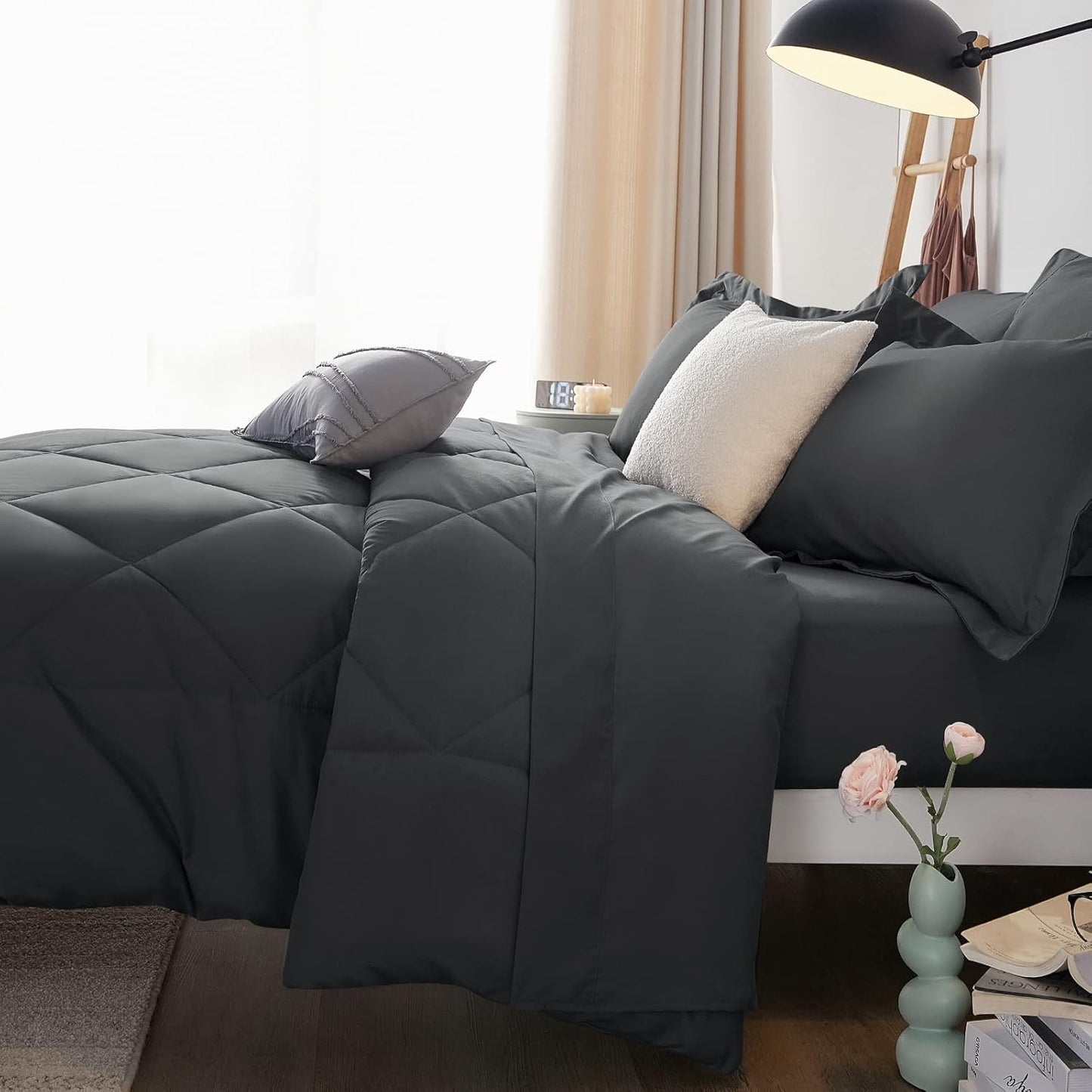 Queen Comforter Set Dark Grey - Bed in a Bag Queen Size 3 Pieces, Luxury Soft Bed Set for All Seasons, Bedding Set with Down Alternative Comforter, Sheets, Pillowcases & Shams