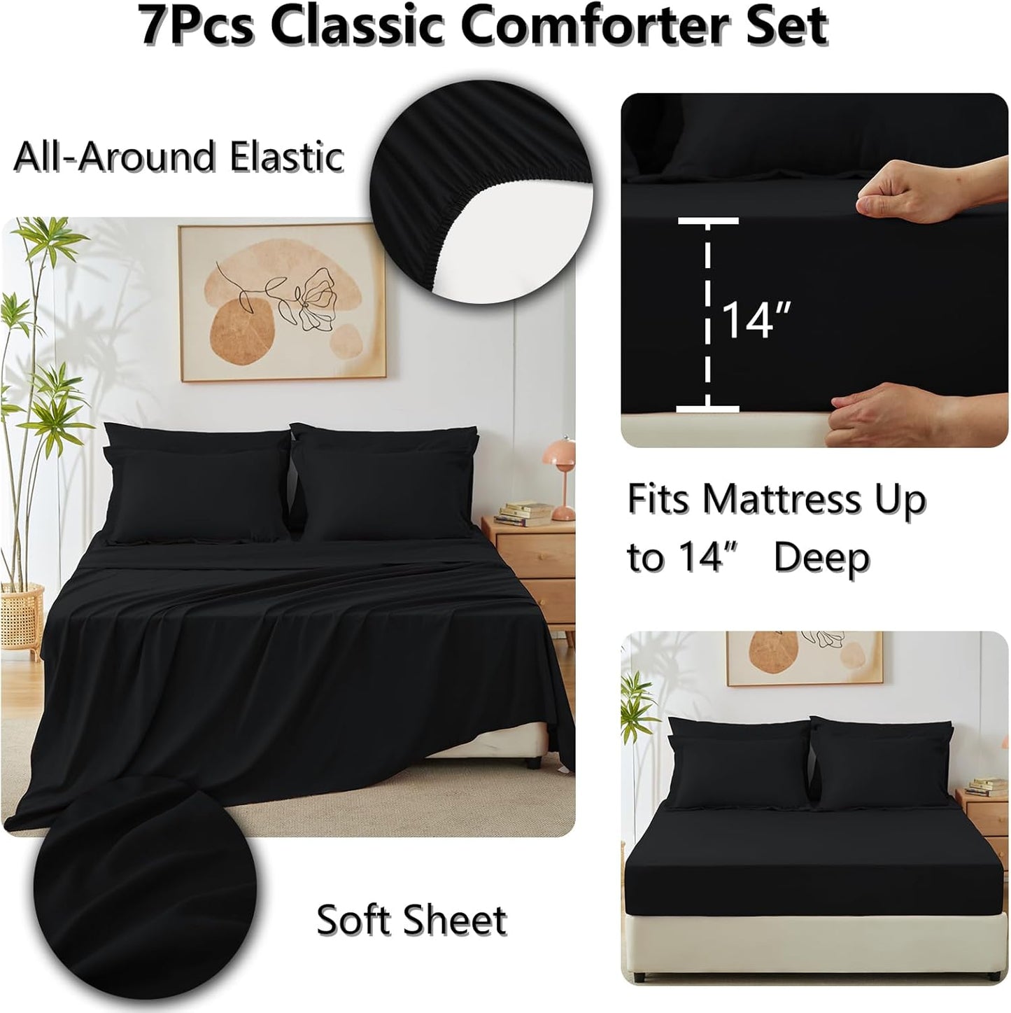 Queen Comforter Set Black - Bed in a Bag Queen Size 3 Pieces, Luxury Soft Bed Set for All Seasons, Bedding Set with Down Alternative Comforter, Sheets, Pillowcases & Shams