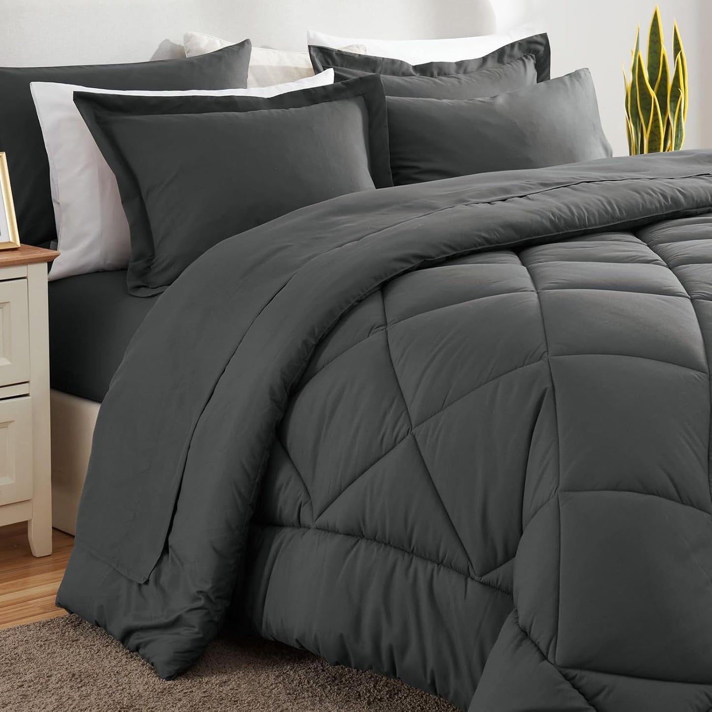 Queen Comforter Set Dark Grey - Bed in a Bag Queen Size 3 Pieces, Luxury Soft Bed Set for All Seasons, Bedding Set with Down Alternative Comforter, Sheets, Pillowcases & Shams