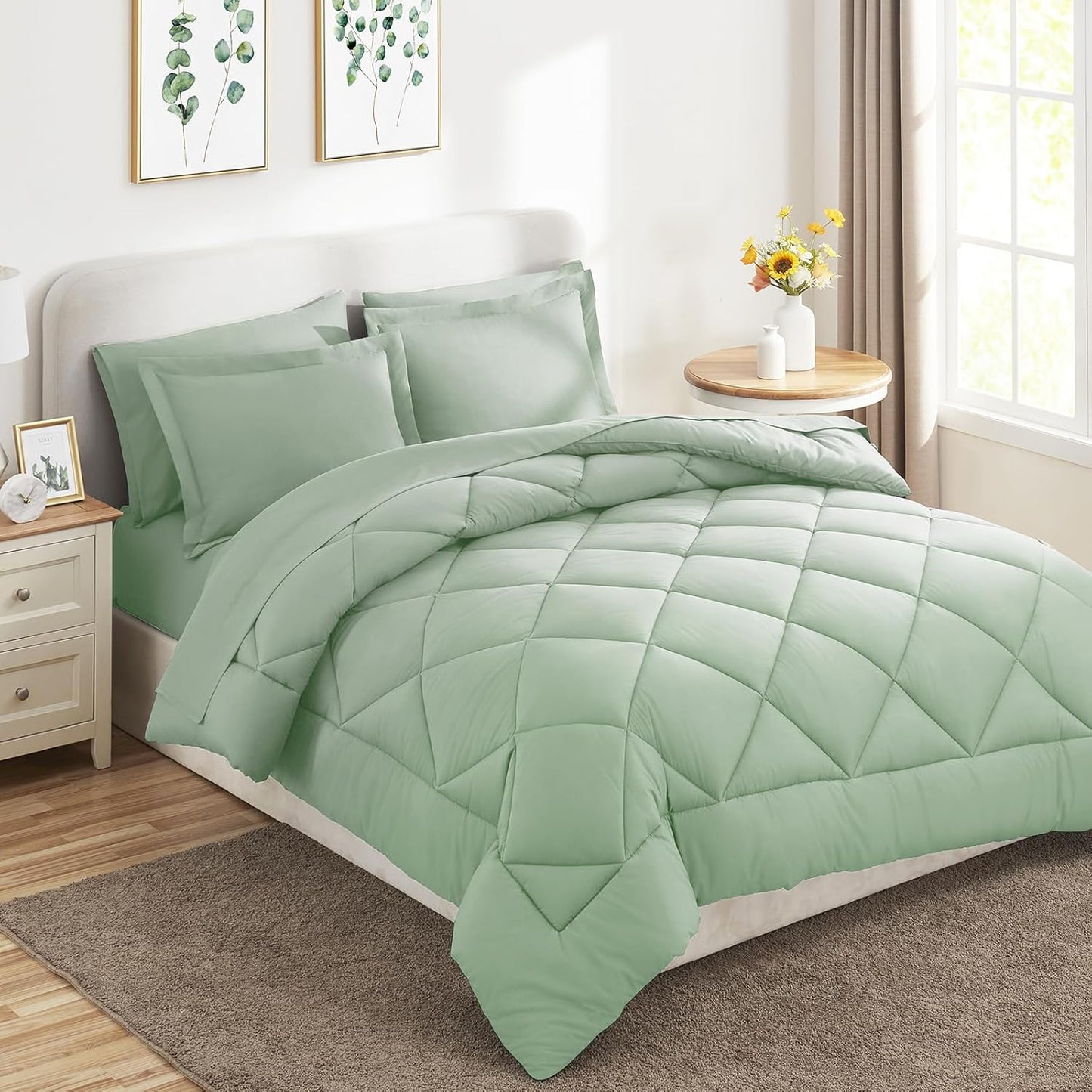 Queen Comforter Set Sage Green - Bed in a Bag Queen Size 3 Pieces, Luxury Soft Bed Set for All Seasons, Bedding Set with Down Alternative Comforter, Sheets, Pillowcases & Shams