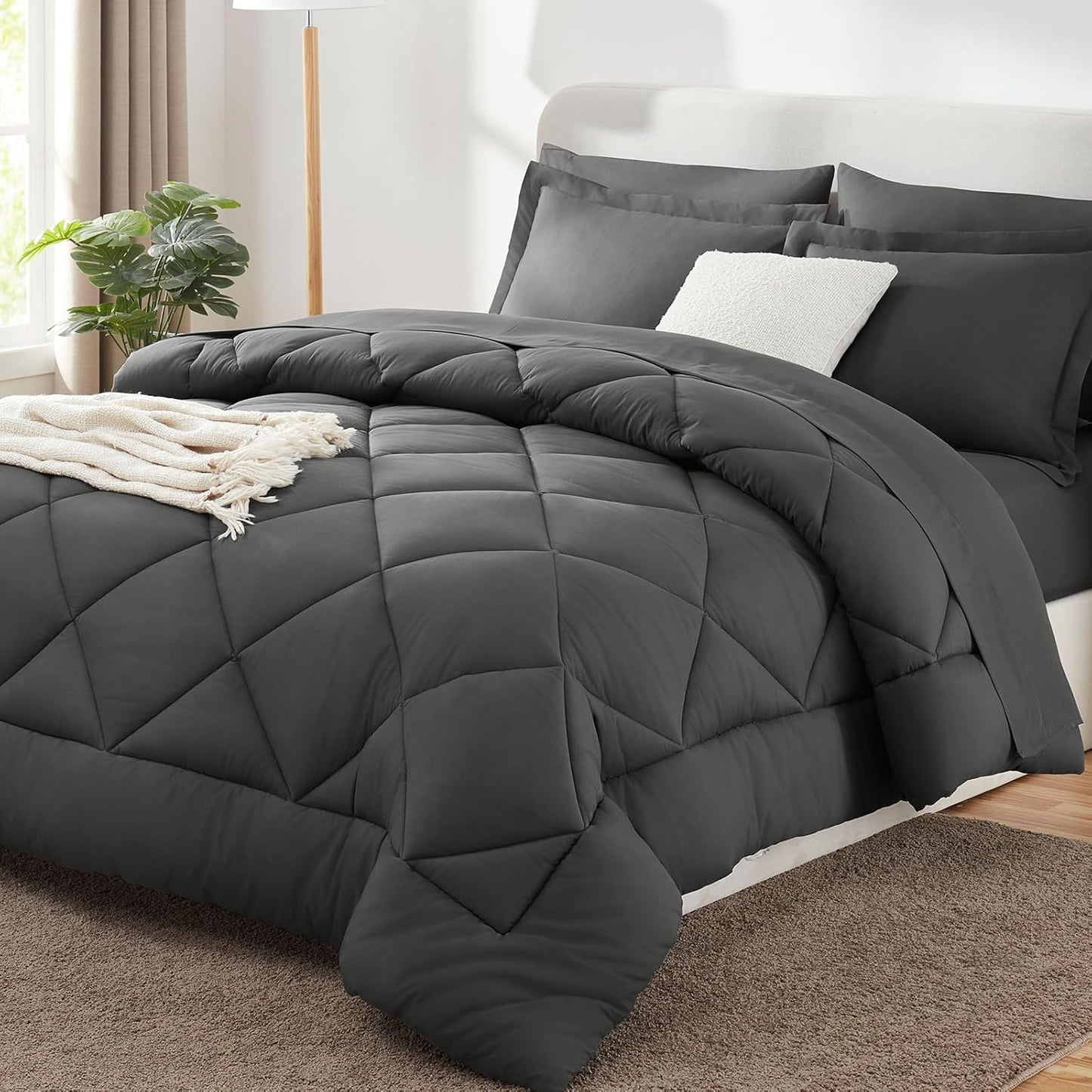 Queen Comforter Set Dark Grey - Bed in a Bag Queen Size 3 Pieces, Luxury Soft Bed Set for All Seasons, Bedding Set with Down Alternative Comforter, Sheets, Pillowcases & Shams