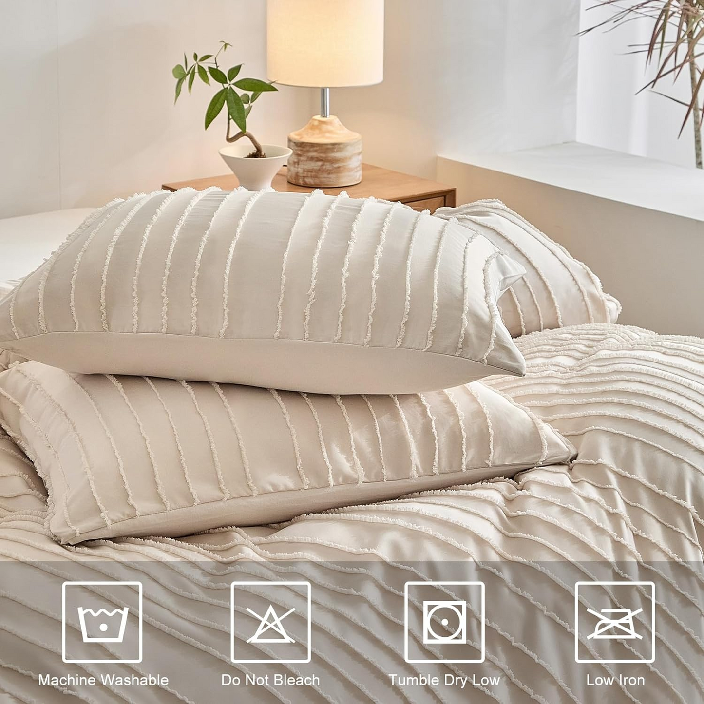 King Tufted Duvet Cover Set, Khaki Stripe Textured Boho Bedding Set, 3-Piece Super Soft Washed Microfiber Duvet Cover with Zipper Closure
