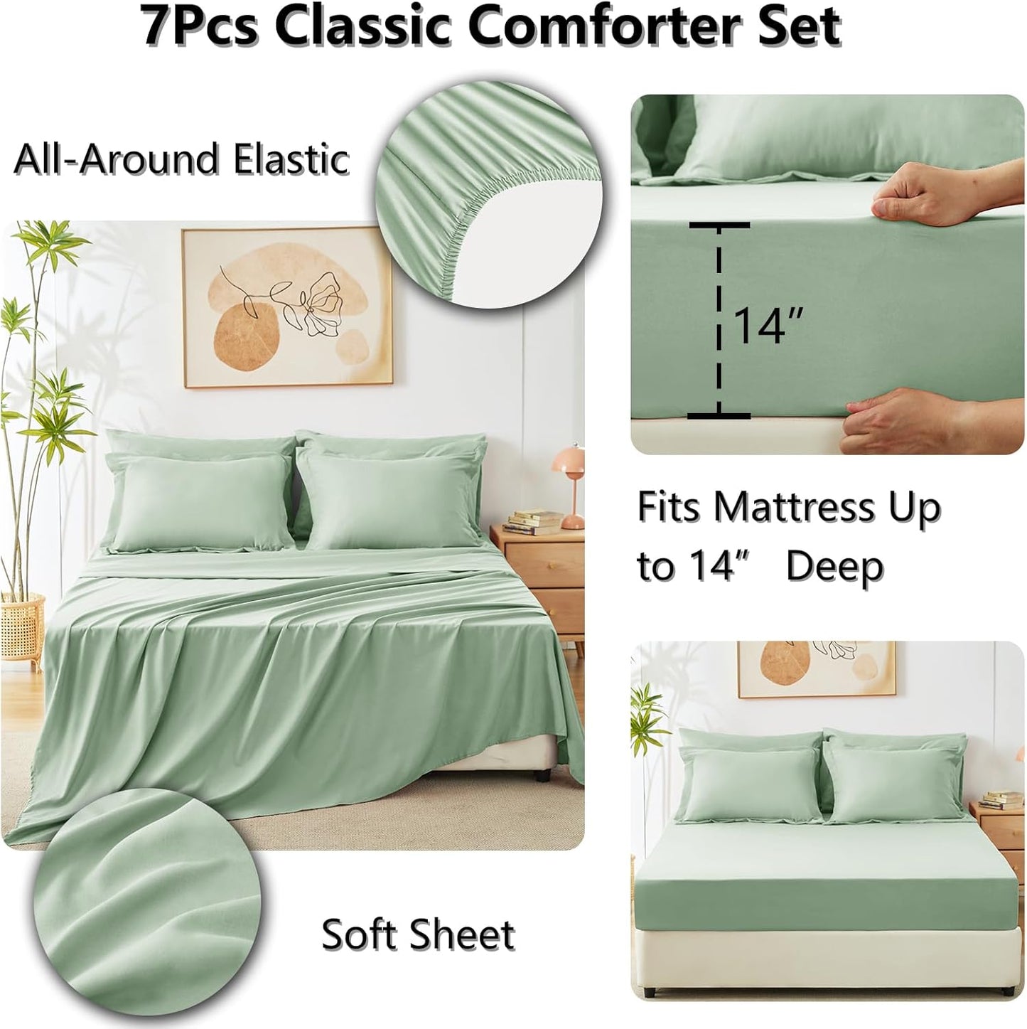 Queen Comforter Set Sage Green - Bed in a Bag Queen Size 3 Pieces, Luxury Soft Bed Set for All Seasons, Bedding Set with Down Alternative Comforter, Sheets, Pillowcases & Shams