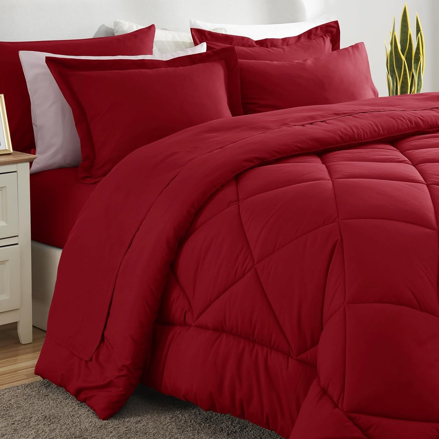 Queen Comforter Set Dark Red - Bed in a Bag Queen Size 3 Pieces, Luxury Soft Bed Set for All Seasons, Bedding Set with Down Alternative Comforter, Sheets, Pillowcases & Shams