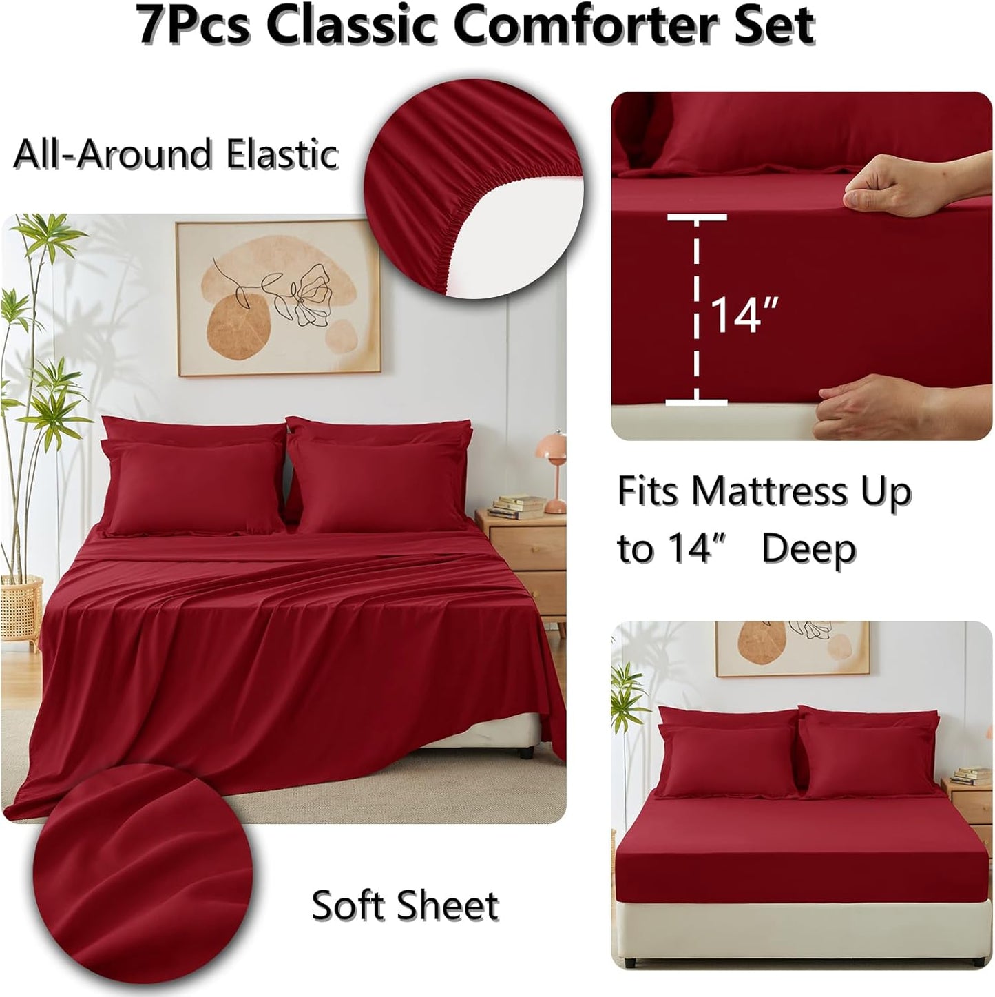Queen Comforter Set Dark Red - Bed in a Bag Queen Size 3 Pieces, Luxury Soft Bed Set for All Seasons, Bedding Set with Down Alternative Comforter, Sheets, Pillowcases & Shams