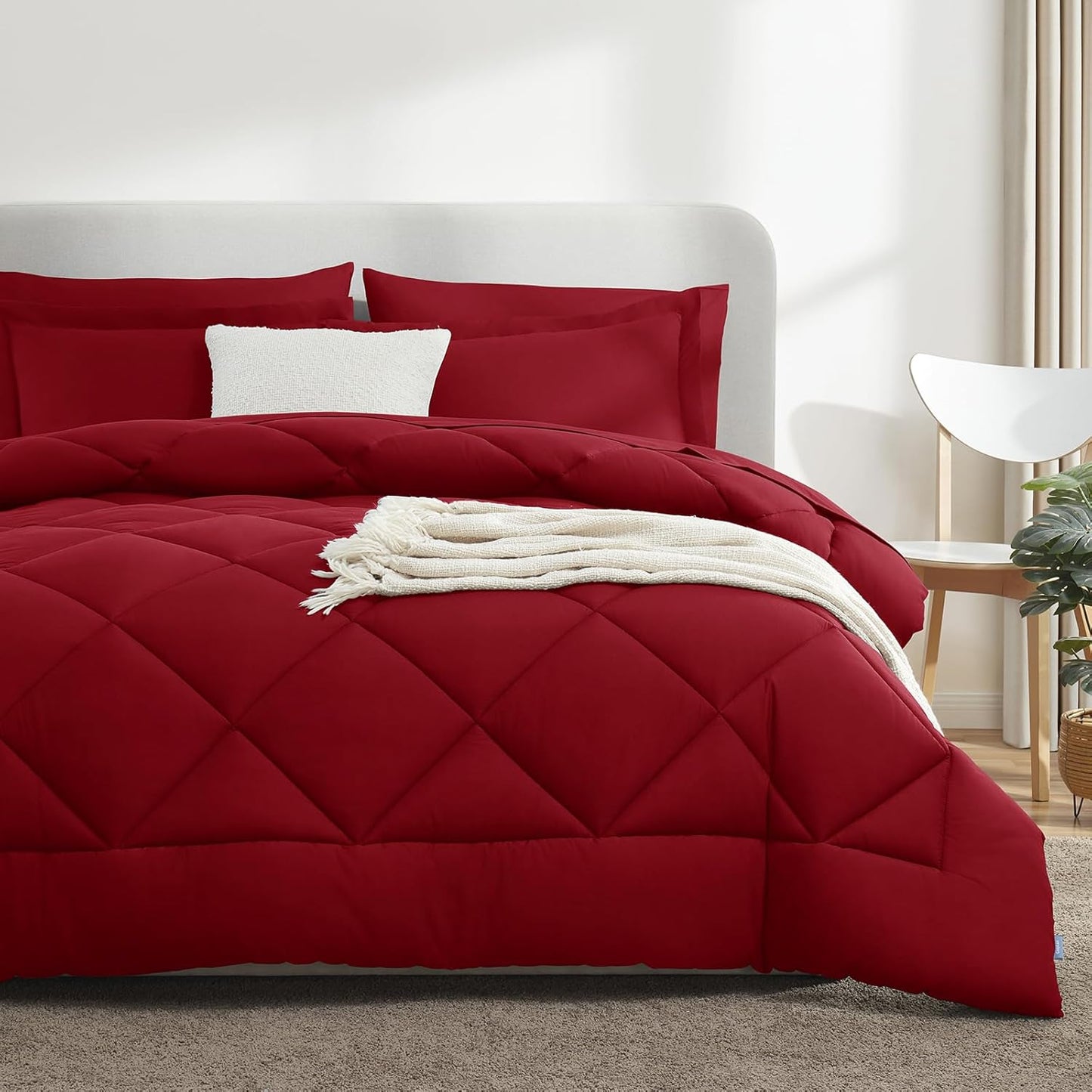 Queen Comforter Set Dark Red - Bed in a Bag Queen Size 3 Pieces, Luxury Soft Bed Set for All Seasons, Bedding Set with Down Alternative Comforter, Sheets, Pillowcases & Shams