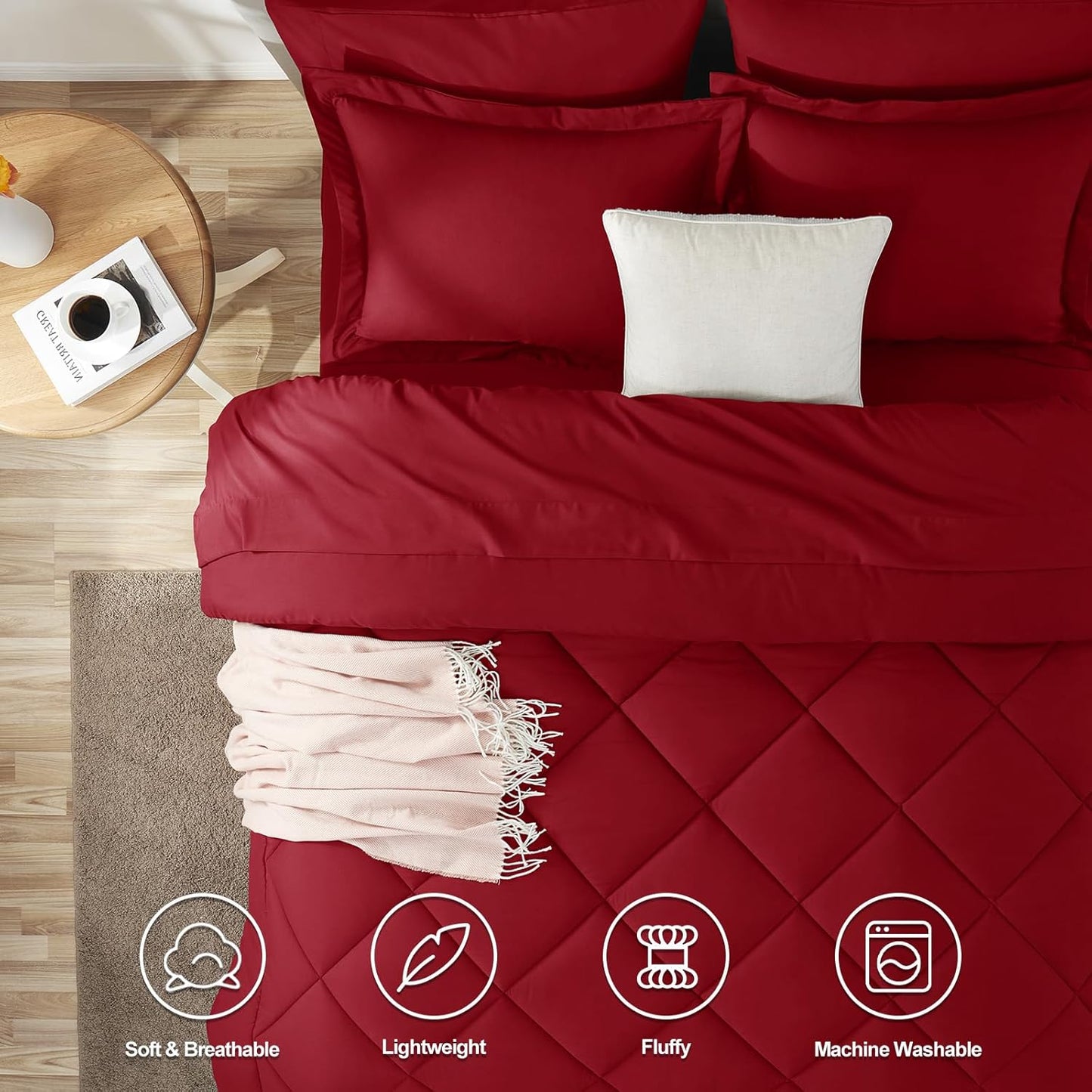 Queen Comforter Set Dark Red - Bed in a Bag Queen Size 3 Pieces, Luxury Soft Bed Set for All Seasons, Bedding Set with Down Alternative Comforter, Sheets, Pillowcases & Shams