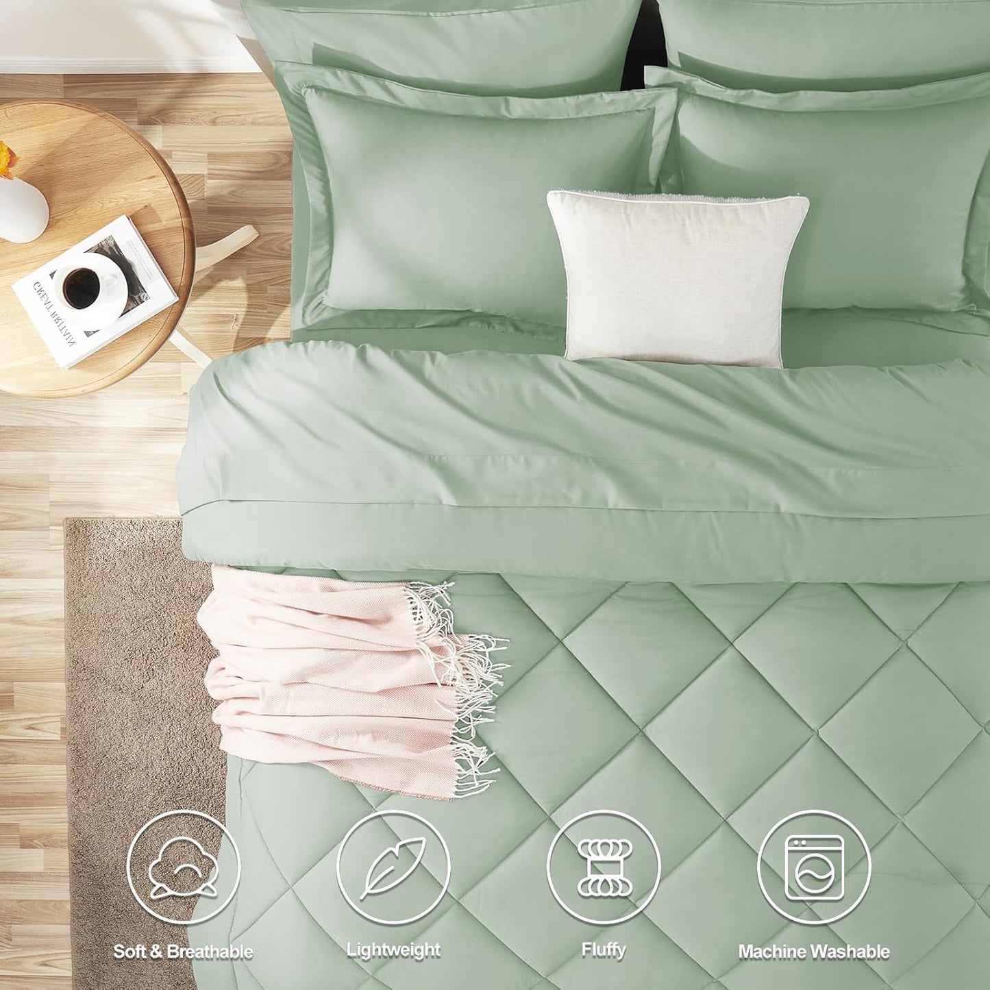 Queen Comforter Set Sage Green - Bed in a Bag Queen Size 3 Pieces, Luxury Soft Bed Set for All Seasons, Bedding Set with Down Alternative Comforter, Sheets, Pillowcases & Shams