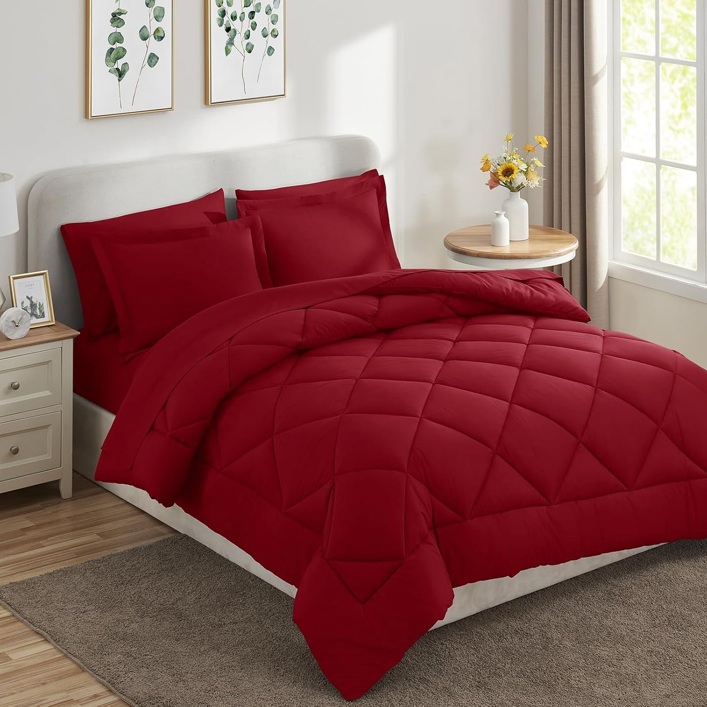Queen Comforter Set Dark Red - Bed in a Bag Queen Size 3 Pieces, Luxury Soft Bed Set for All Seasons, Bedding Set with Down Alternative Comforter, Sheets, Pillowcases & Shams