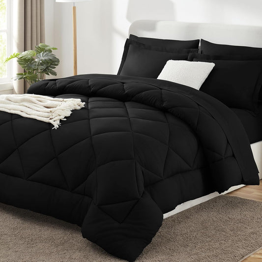 Queen Comforter Set Black - Bed in a Bag Queen Size 3 Pieces, Luxury Soft Bed Set for All Seasons, Bedding Set with Down Alternative Comforter, Sheets, Pillowcases & Shams
