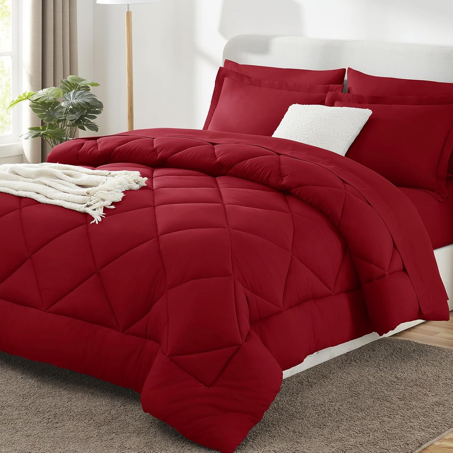 Queen Comforter Set Dark Red - Bed in a Bag Queen Size 3 Pieces, Luxury Soft Bed Set for All Seasons, Bedding Set with Down Alternative Comforter, Sheets, Pillowcases & Shams