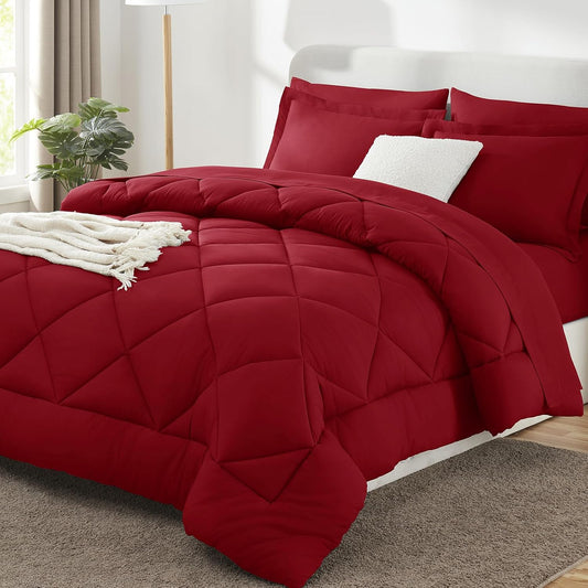 Queen Comforter Set Dark Red - Bed in a Bag Queen Size 3 Pieces, Luxury Soft Bed Set for All Seasons, Bedding Set with Down Alternative Comforter, Sheets, Pillowcases & Shams