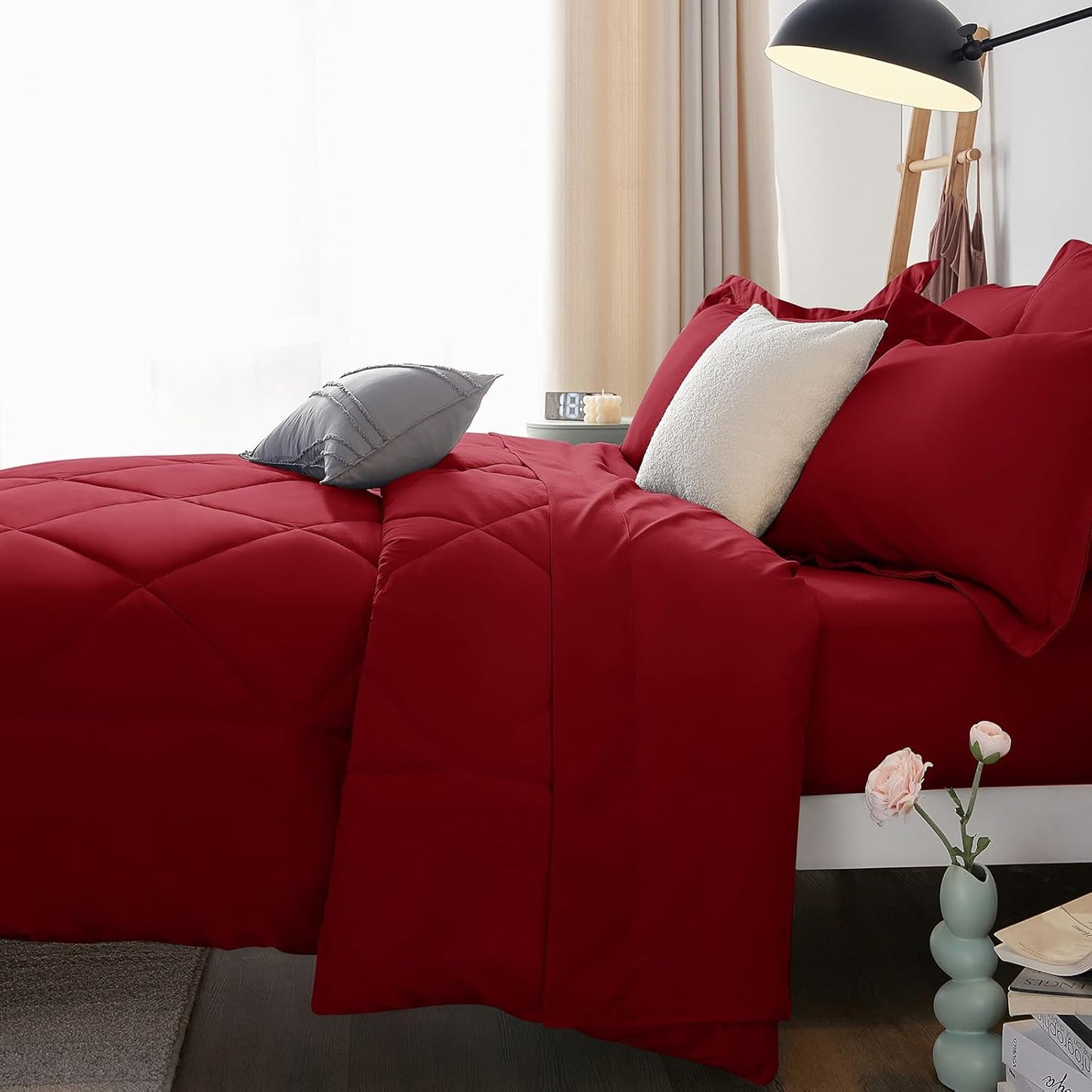 Queen Comforter Set Dark Red - Bed in a Bag Queen Size 3 Pieces, Luxury Soft Bed Set for All Seasons, Bedding Set with Down Alternative Comforter, Sheets, Pillowcases & Shams