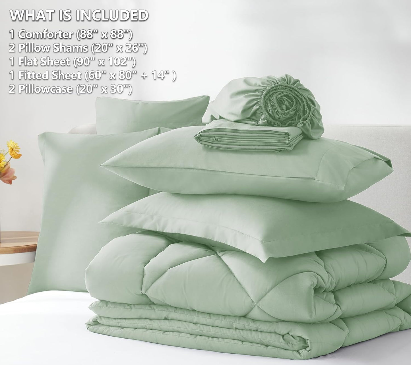 Queen Comforter Set Sage Green - Bed in a Bag Queen Size 3 Pieces, Luxury Soft Bed Set for All Seasons, Bedding Set with Down Alternative Comforter, Sheets, Pillowcases & Shams