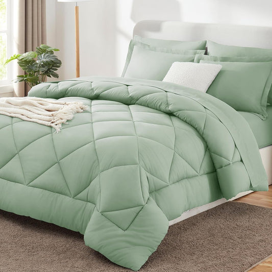 Queen Comforter Set Sage Green - Bed in a Bag Queen Size 3 Pieces, Luxury Soft Bed Set for All Seasons, Bedding Set with Down Alternative Comforter, Sheets, Pillowcases & Shams