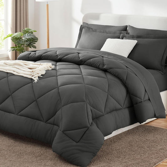 Queen Comforter Set Dark Grey - Bed in a Bag Queen Size 3 Pieces, Luxury Soft Bed Set for All Seasons, Bedding Set with Down Alternative Comforter, Sheets, Pillowcases & Shams